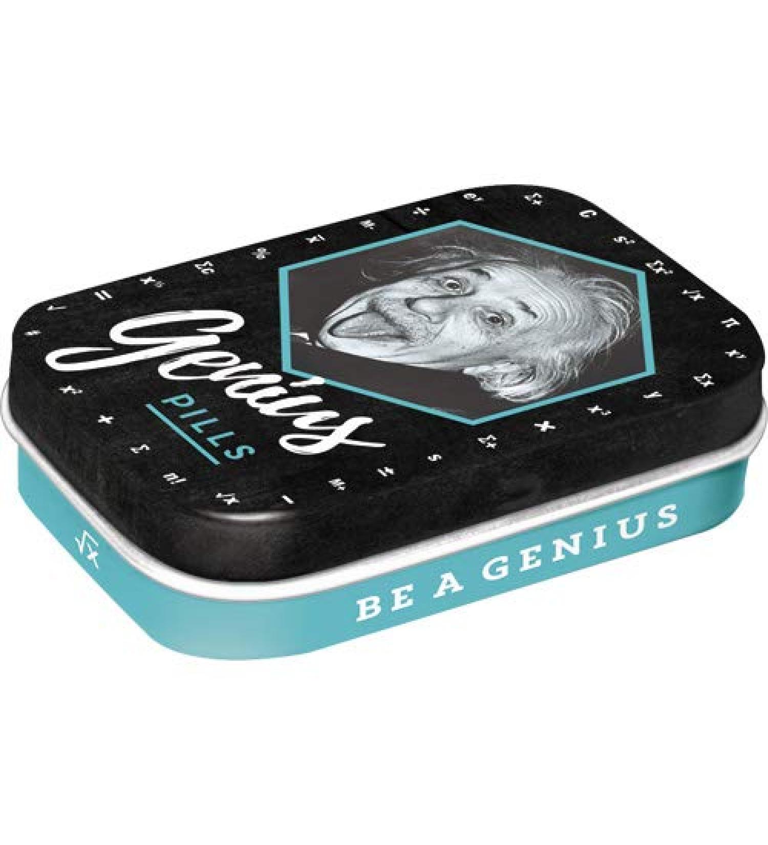 Nostalgic-Art Retro Pillendose 4 x 6 x 1.6 cm Einstein-Genius Pills-Gift idea for students with peppermint drages vintage design