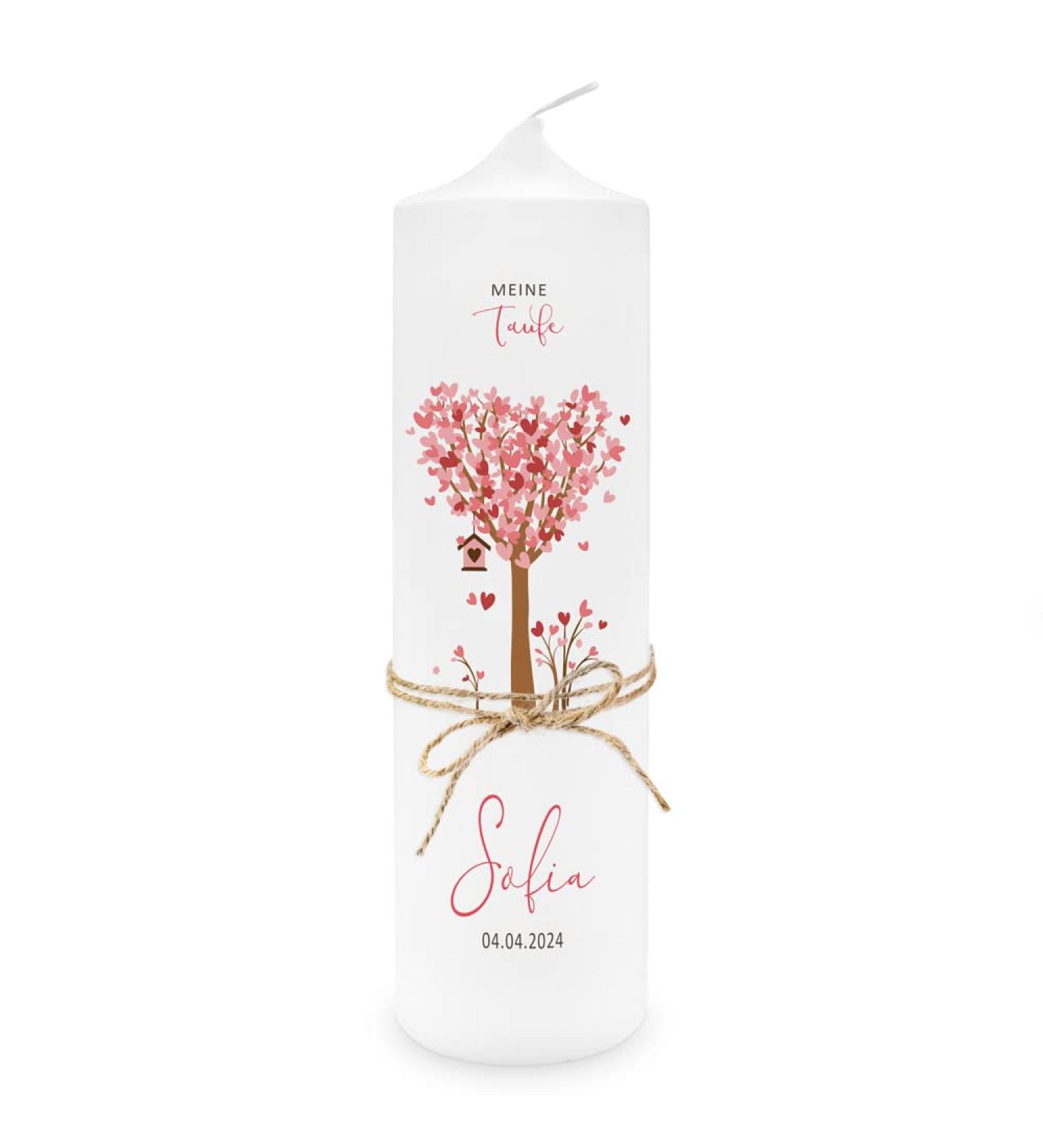 Personalized Baptism Candle for Girls | Custom Tree & Hearts Design | Pink with Name & Saying | Online Design & Jute Ribbon Decor - Buy Online on GoSupps.com