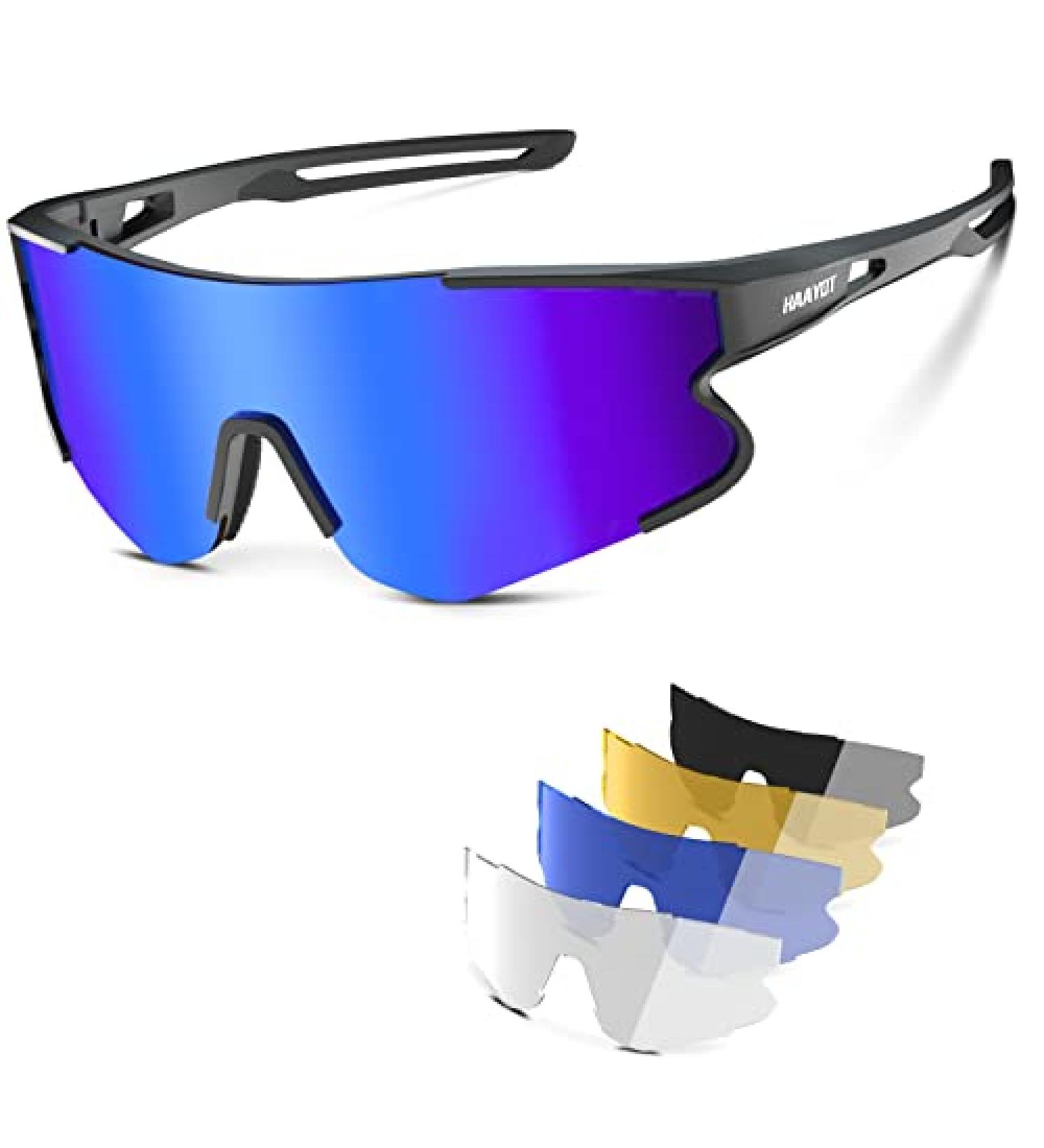 HAAYOT Polarized Cycling Sunglasses for Men Women - 5 Interchangeable Lenses - Black Frame & Blue Lens - Buy Online on GoSupps.com