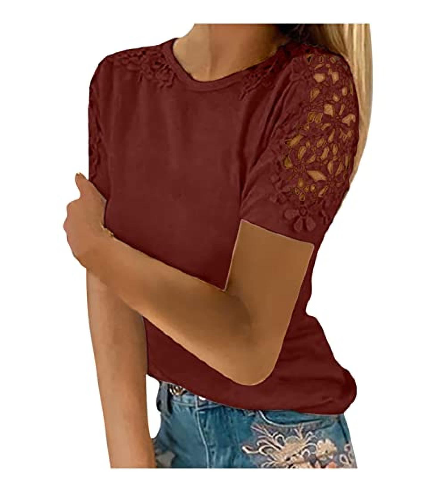 Women's Summer Casual Cold Shoulder T Shirt - Lace Crochet Hollow Out Short Sleeve Top | Solid/Colorblock Loose Blouse - Size Medium - Buy Online on GoSupps.com