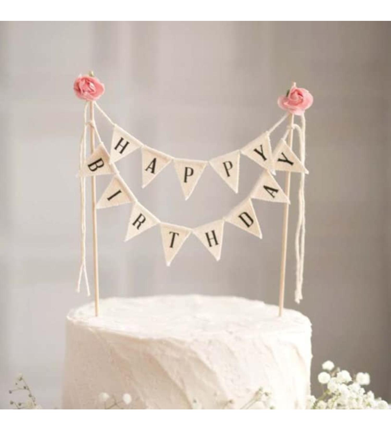 Yilang Retro Wedding Cake Topper - Handmade Ivory Pennant with Pink Rose for Weddings & Birthdays - Buy Online on GoSupps.com