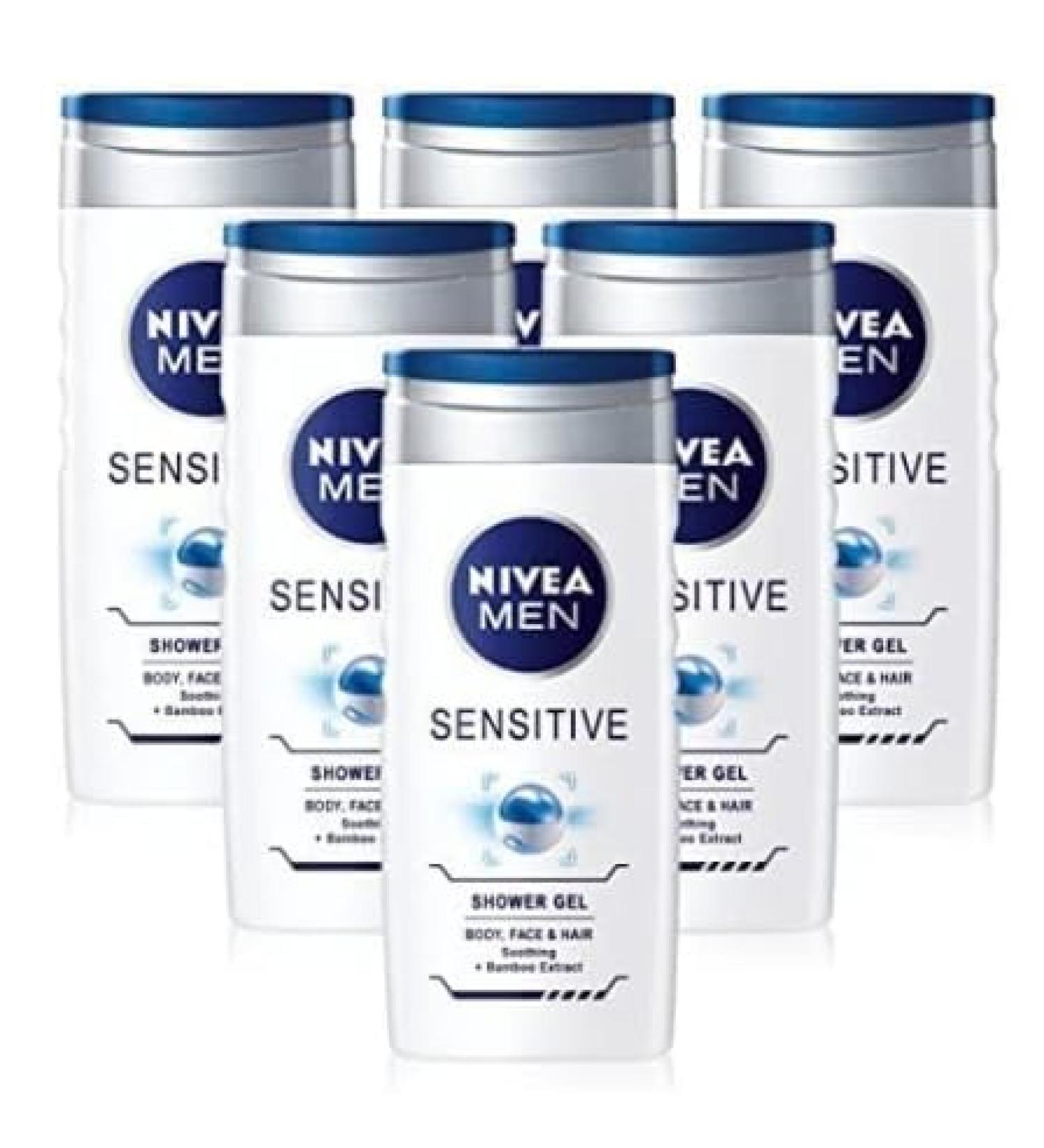 X6 Mens Nivea Body Wash Sensitive Shower Gel Body Face and Hair 250 ml Alcohol Free
