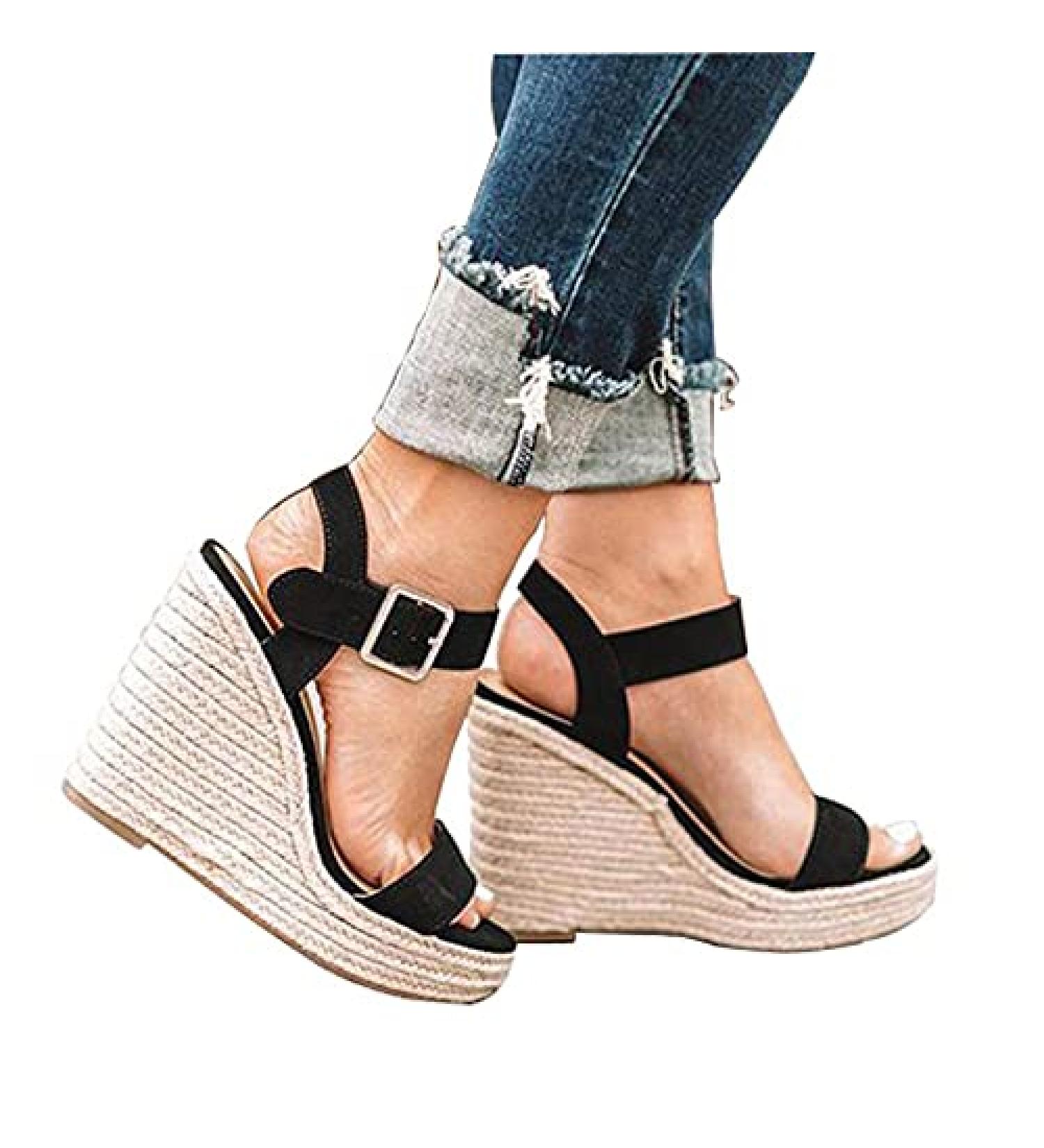 Rvidbe Women's Platform Wedge Sandals with Ankle Strap - Black, Size 8 - Buy Online on GoSupps.com