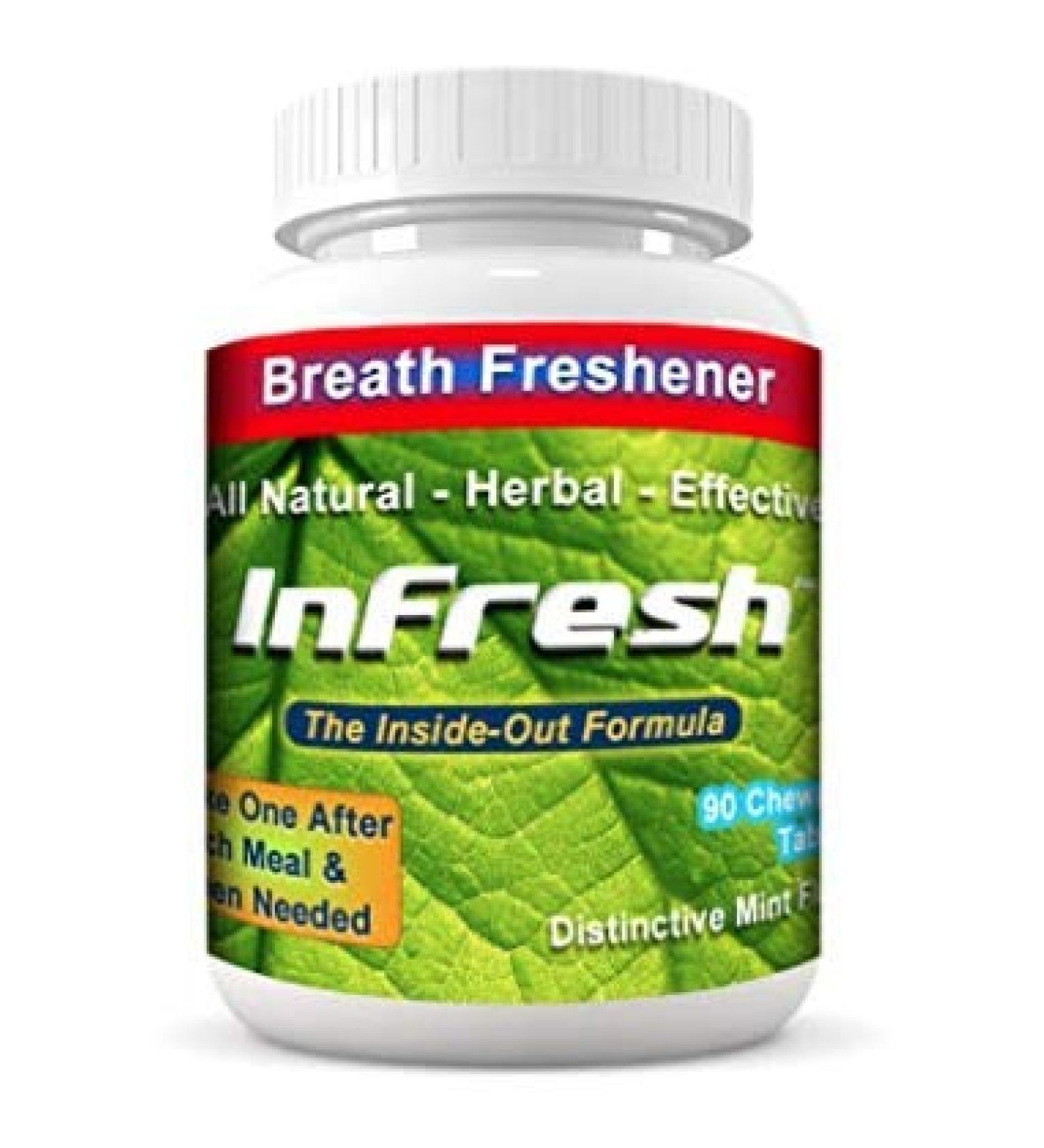 InFresh Bad Breath Chewable Tablets (NOT Candy) All Natural for Instant Inside-Out Freshness. Herbal Formula Contains Parsley Mint & Deodorizing Herbs. 30-Day Supply 90 Tablets Mint Flavor