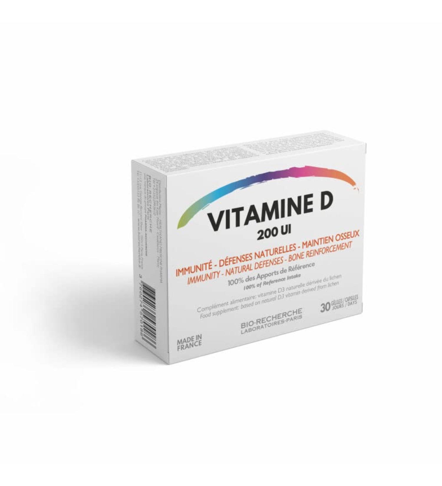 Vitamin D • 200 IU • Vitamin D supplement derived from Lichen • Cure 1 month / 30 capsules (1/day) • Made in France