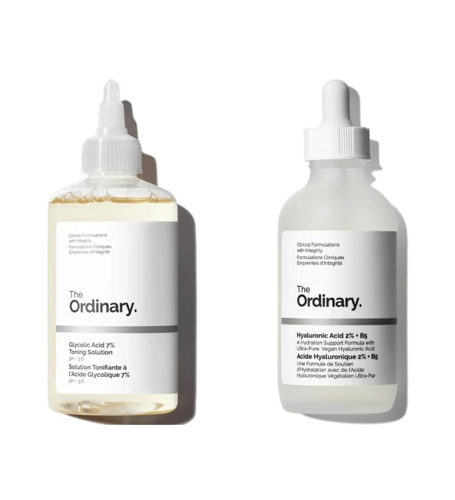 The Face Exfoliating Bundle: Glycolic Acid 7% Exfoliating Toner (100ml) and Hyaluronic Acid 2% + B5 (30ml) with TOSSI cleansing wipes - Buy Online on GoSupps.com