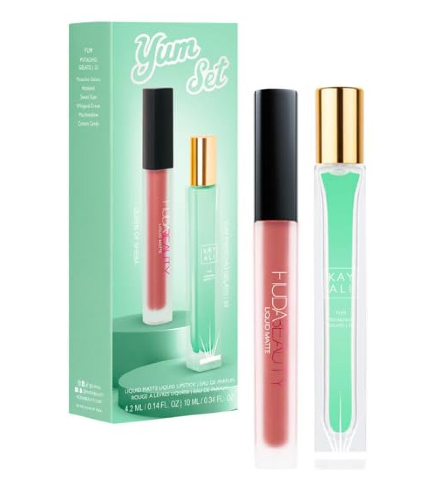 Huda Beauty Kayali Yum Gift Set - Pistachio Gelato | 33 Eau De Parfum Travel Size Spray (0.34 fl oz / 10 ml) and Matte Liquid Lipstick in Shade Queen of Sheba (0.14 fl oz / 4.2 ml) - Buy Online on GoSupps.com