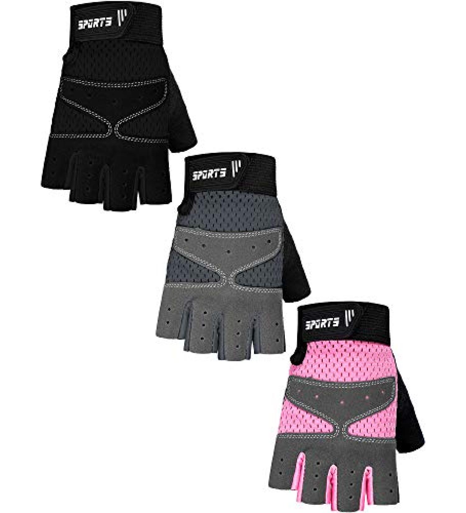 SATINIOR 3 Pairs Kids Half Fingerless Non-Slip Gel Sports Gloves for Cycling Biking - Pink/Grey/Black (5-9 Years) - Buy Online on GoSupps.com