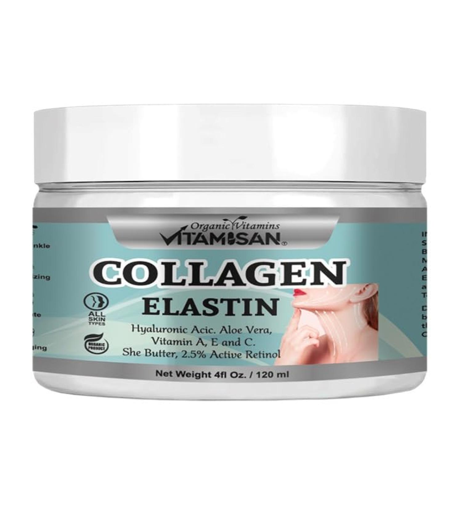 Collagen Elastin Cream 4 Oz with Hyaluronic Acid Aloe Vera Vitamin A E C Shea Butter 2.5% Retinol