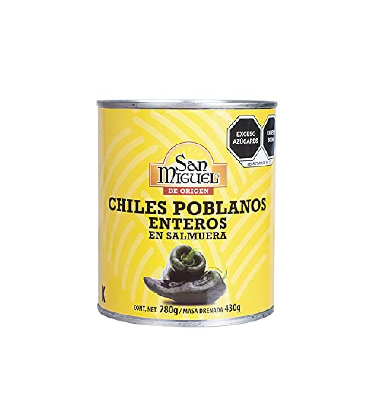 Whole Poblano chillies in brine Mexico can 780g drained weight 430g - Chiles Poblanos Enteros en Salmuera SAN MIGUEL