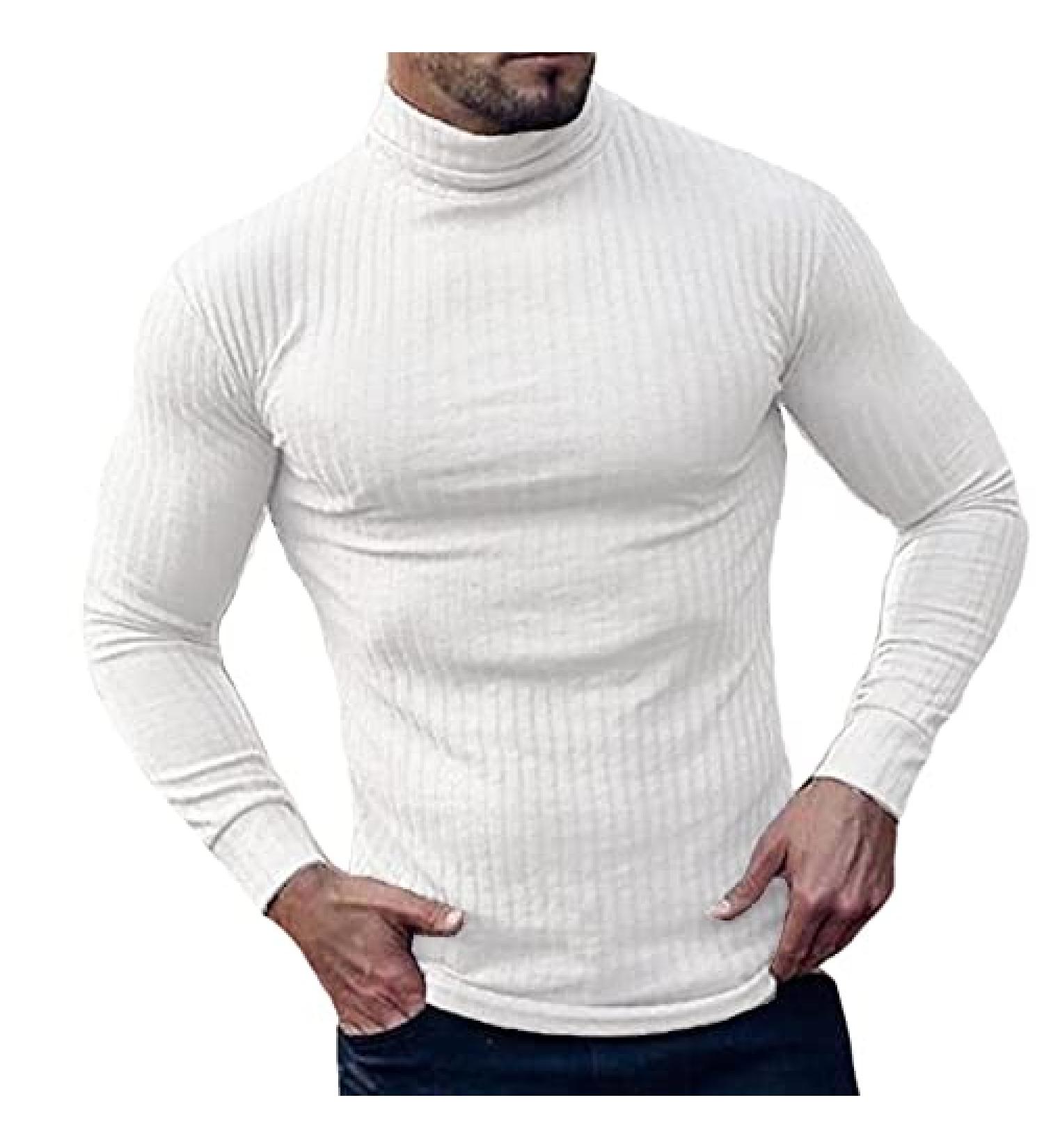 TURETRENDY Men's Stretch Muscle Turtleneck Long Sleeve Tee - Small White - Buy Online on GoSupps.com