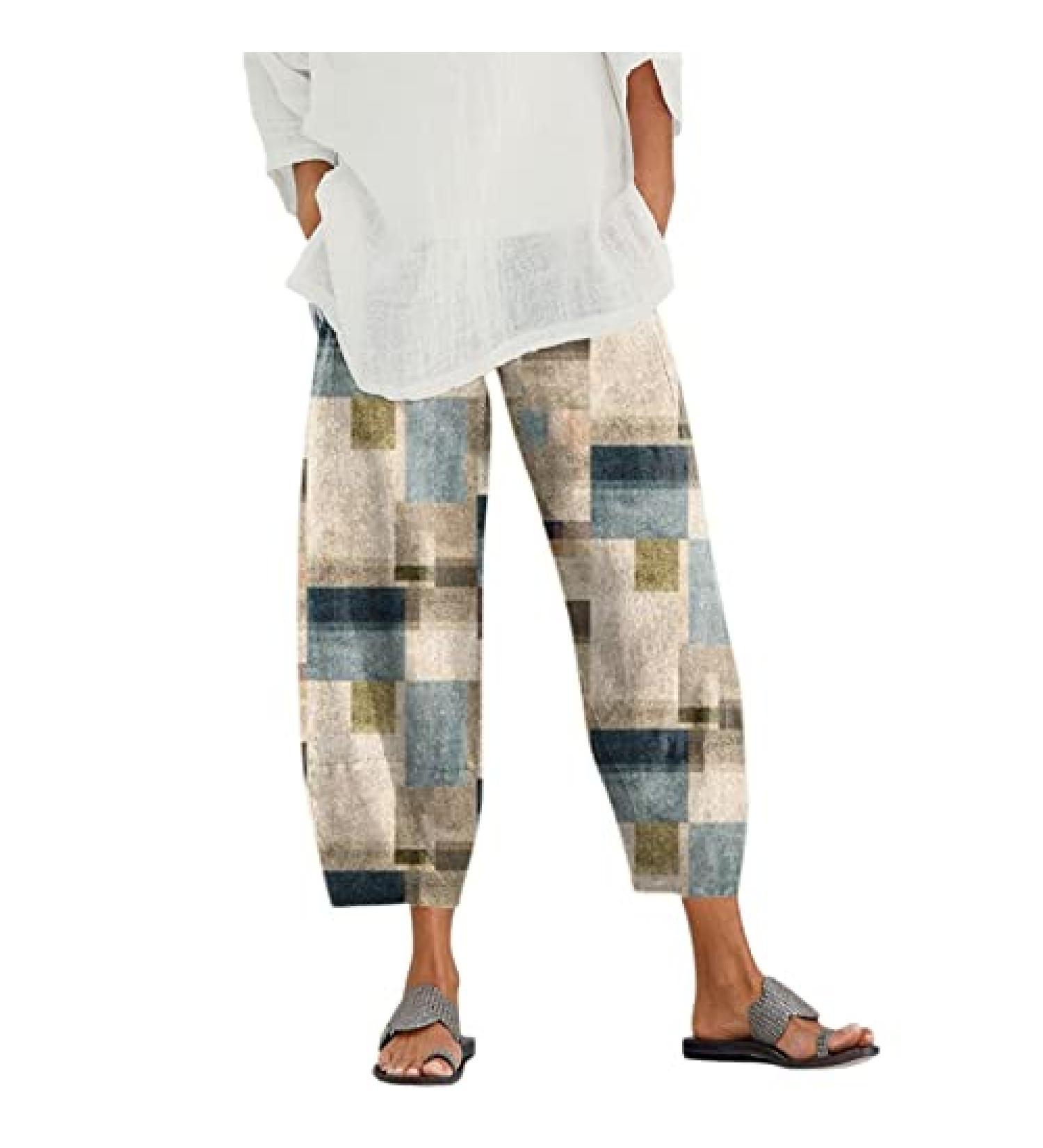 Gufesf Women's Summer Cropped Cotton Linen Capris Pants - Beige Large | Casual Loose Fit Trousers with Pockets - Wide Leg Pants - Buy Online on GoSupps.com