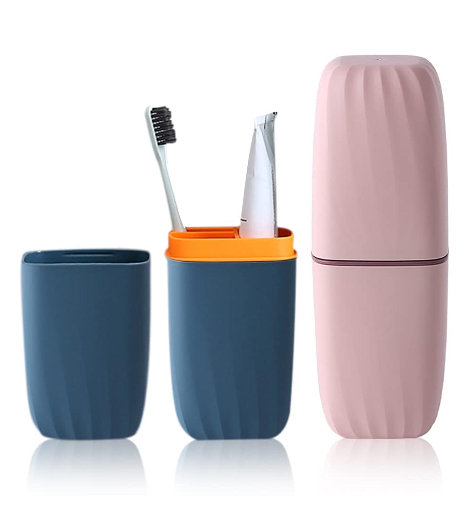 2PC Travel Toothbrush Cup Set - Portable Dustproof Wash Holder for Camping & Outdoors | Blue & Pink Organizer - Buy Online on GoSupps.com