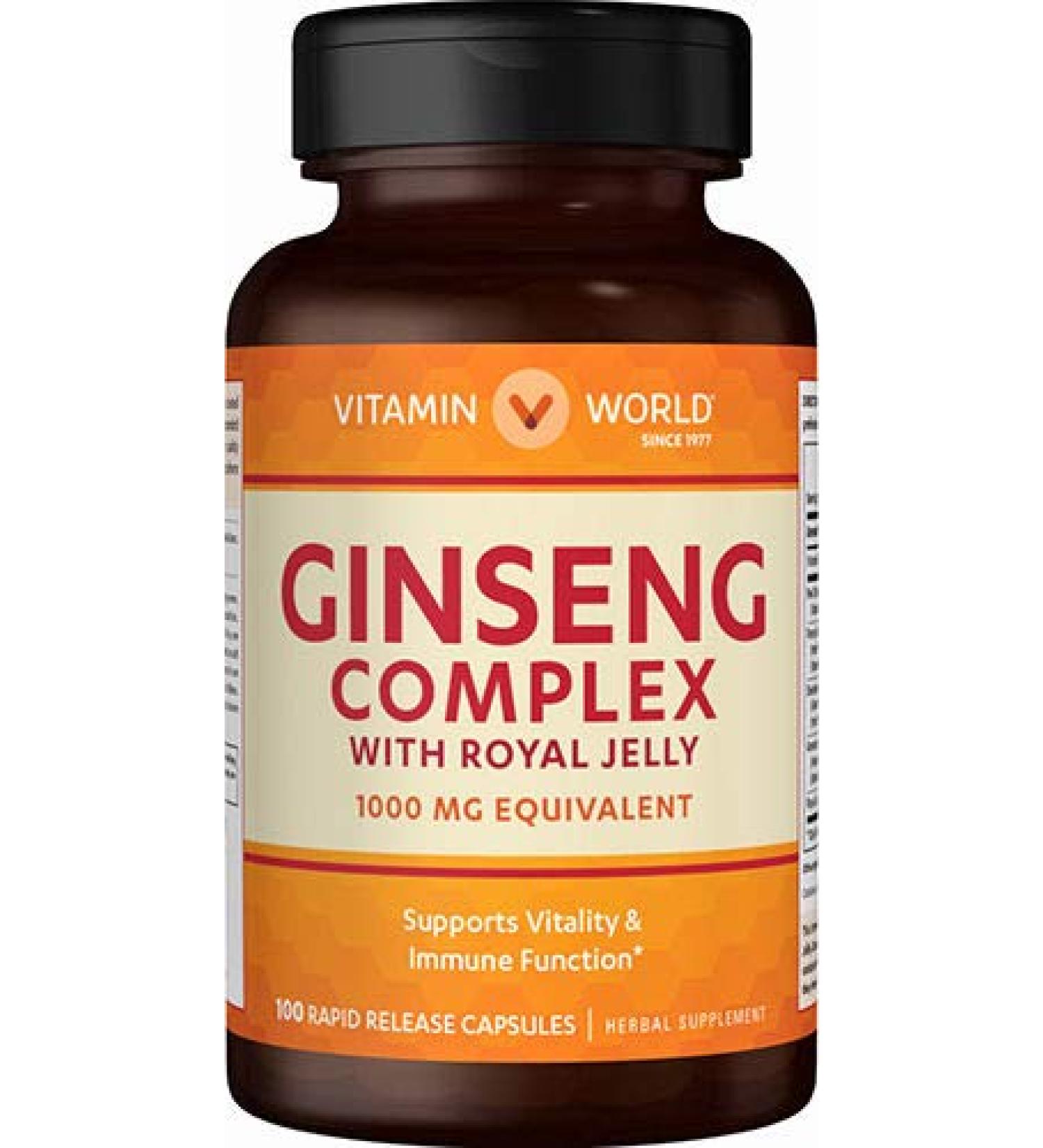 Vitamin World Ginseng Complex 1000 mg. 100 Capsules with Royal Jelly Supports Vitality Immune Support Rapid-Release Gluten Free