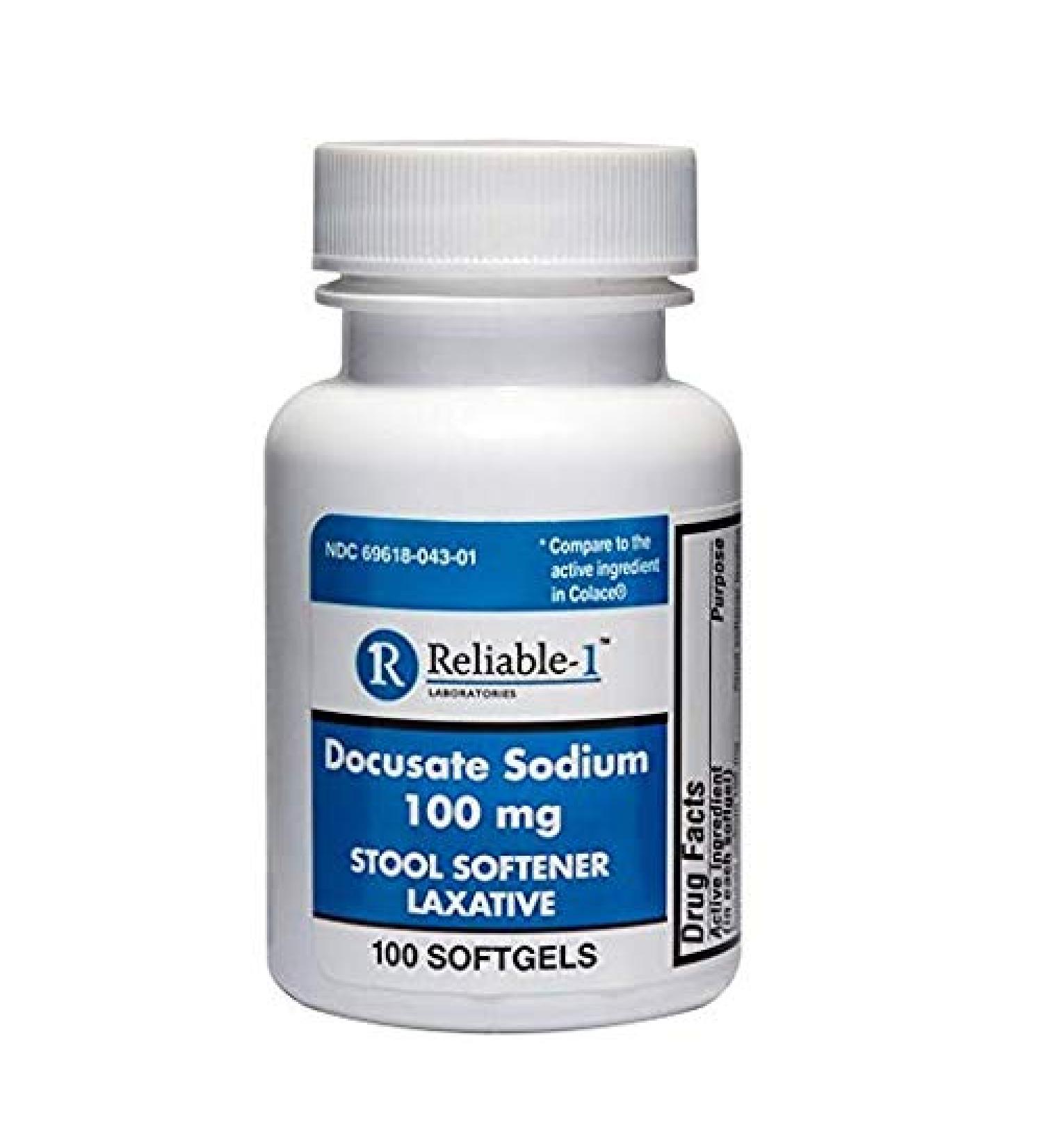 Reliable-1 Laboratories Docusate Sodium Stool Softener (100 mg Soft Gel) - Helps Relieve and Prevent Hard Stools Due to Constipation
