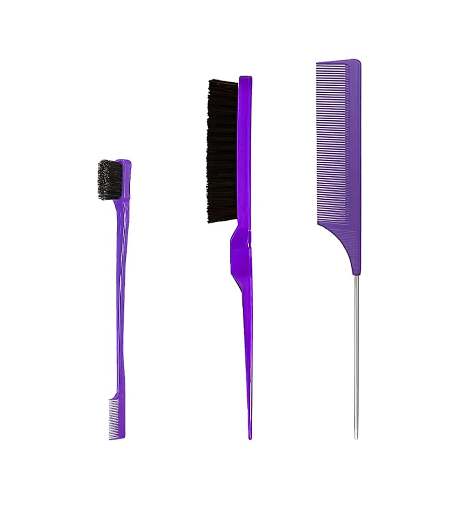 Hair Styling Comb Set 3 Pieces Hair Brush Teasing Comb Double Sided Hair Edge Brush Rat Tail Comb Plastic Bristle Hair Brush for Hair Slicking Purple - Buy Online on GoSupps.com