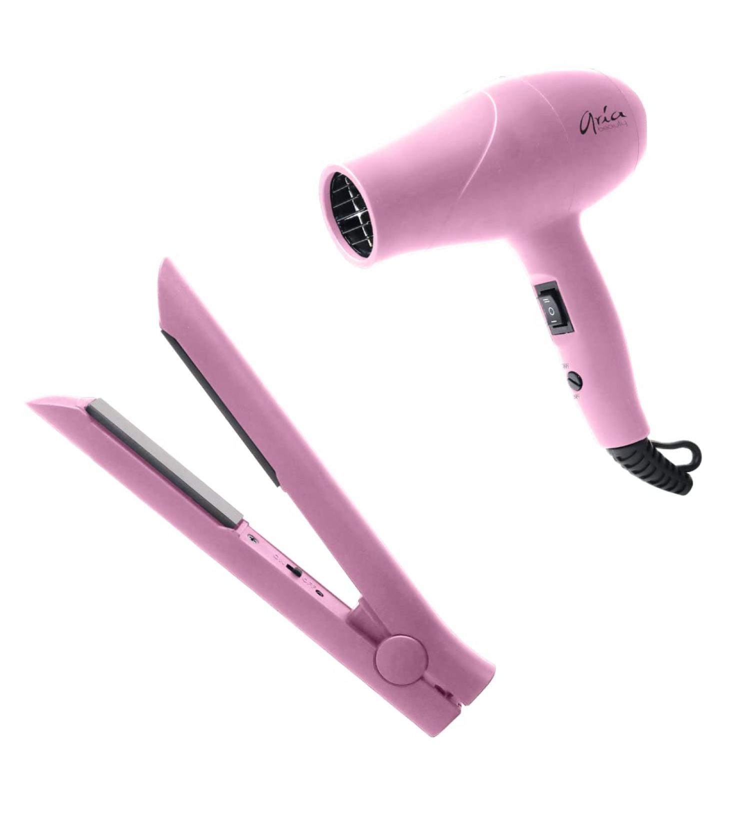 Aria Beauty Mini Travel Set Hair Dryer and Straightener Pink Dual Voltage Compact Includes concentrator and diffuser for blowdryer - Buy Online on GoSupps.com