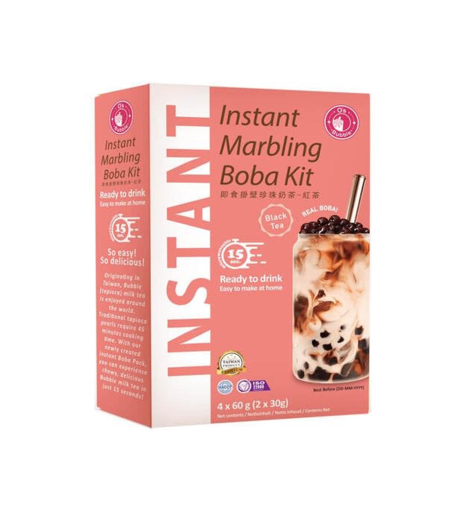 O's Bubble Instant Marbling Boba Kit de th noir sucr (4 x 60 g) | Bubble Tea | Avec perles de tapioca et paille en papier
