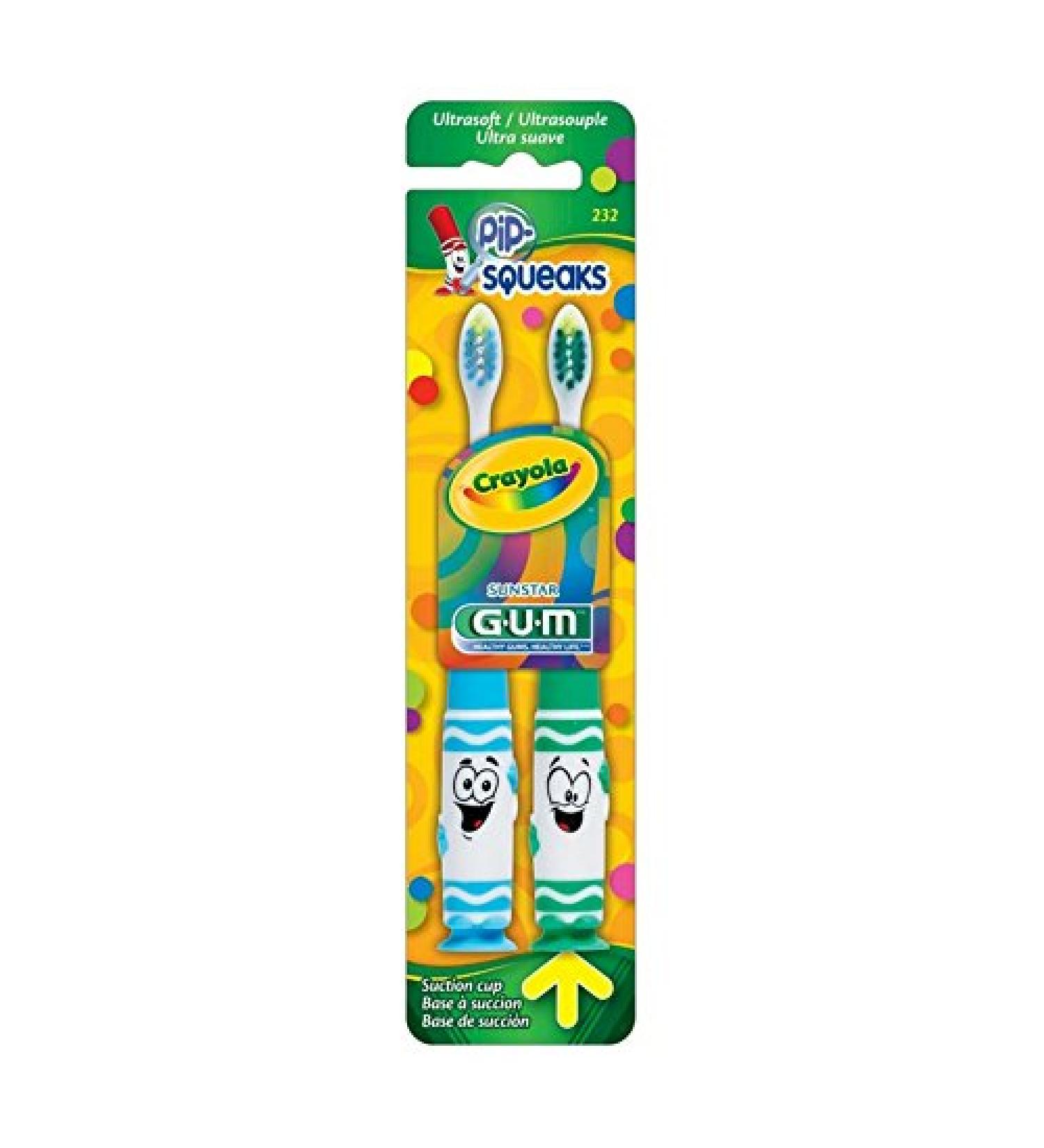 GUM Crayola Toddler Pip-Squeaks Toothbrush Ultra Soft Bristles Tapered Head Ages 3+ 2 Count (Pack of 6) 12 Brushes