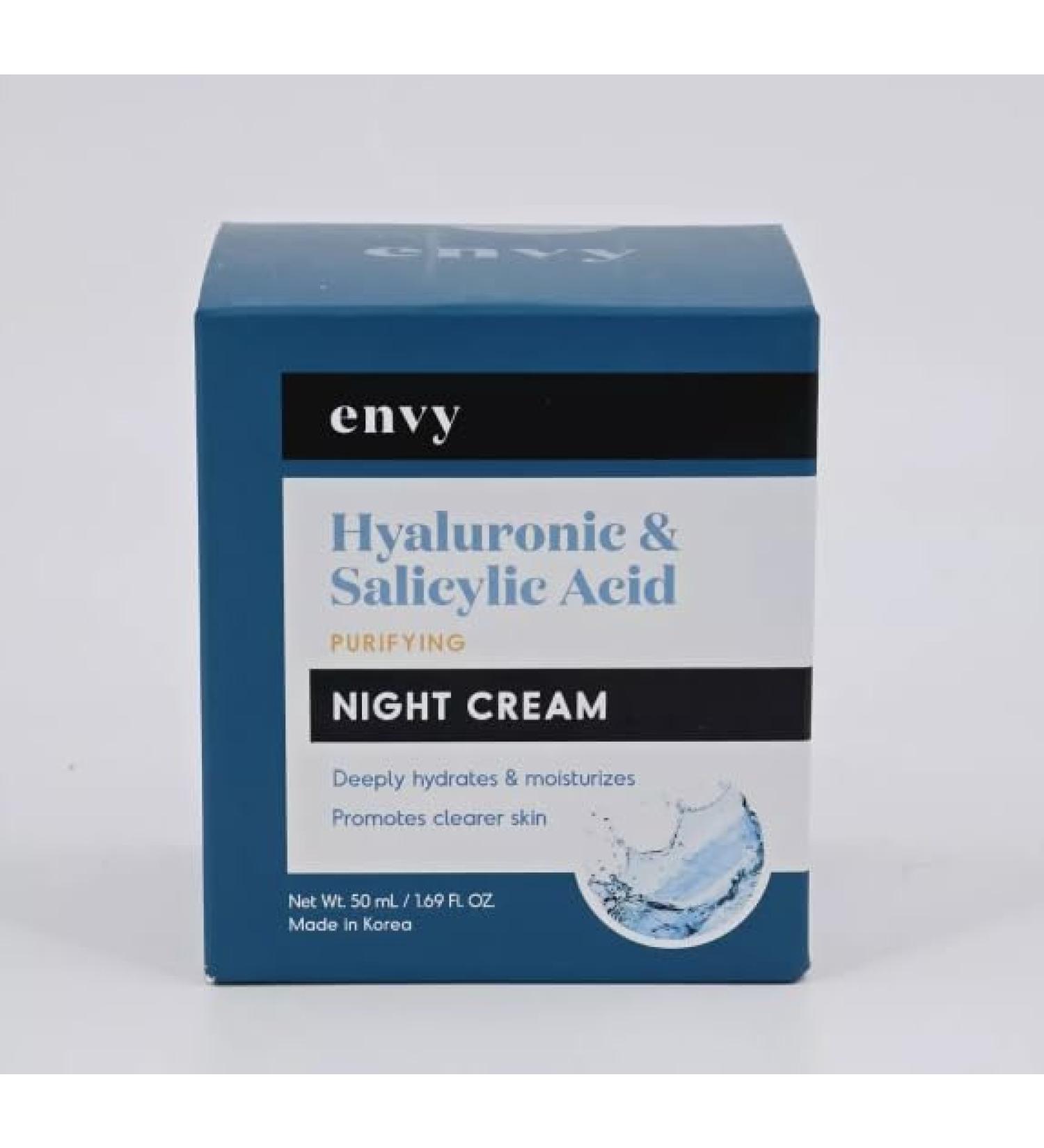 ENVY Hyaluronic & Salicylic Acid Purifying Night Cream - Deeply Hydrates & Moisturizes - Promotes Clearer Skin - Cruelty Free Korean Skin Care For All Skin Types - 1.69 Fl. oz