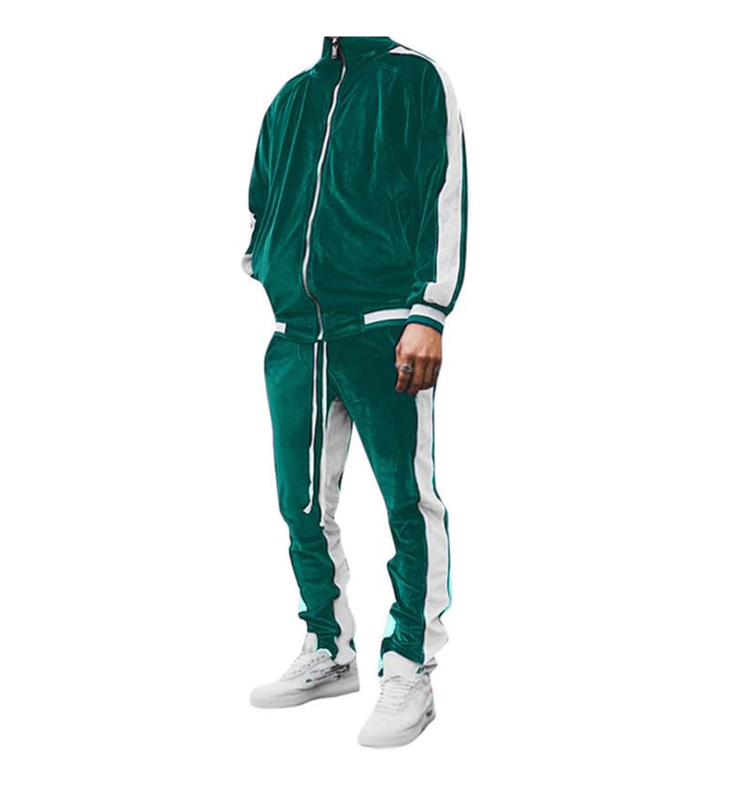 KISSQIQI Men's Full Zip Tracksuit Set in Green Velvet | Jacket & Pants Fitness Outfit | Size Large - Buy Online on GoSupps.com