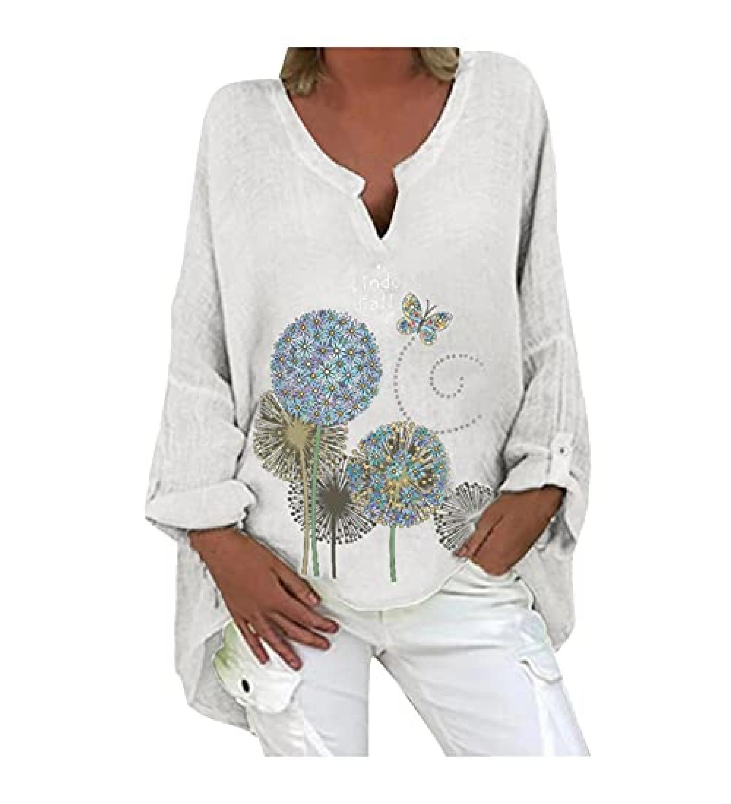 Cotton Linen Women's Summer Loose Fit Long Sleeve Shirt | Plus Size Casual Beach Blouse | H-White 5X-Large - Buy Online on GoSupps.com