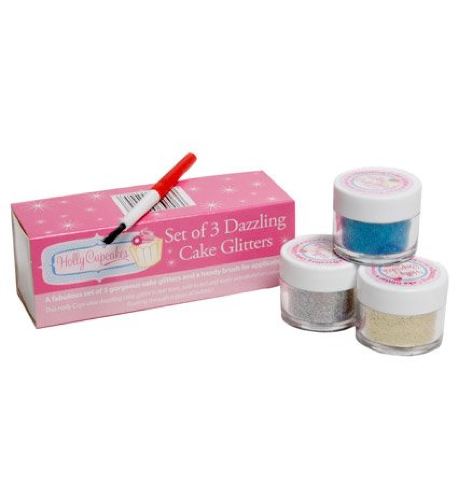 Set of 3 Holly Cupcakes Stunning Sparkly Decorating Glitters with Application Brush: Silver Gold and Blue - Buy Online on GoSupps.com