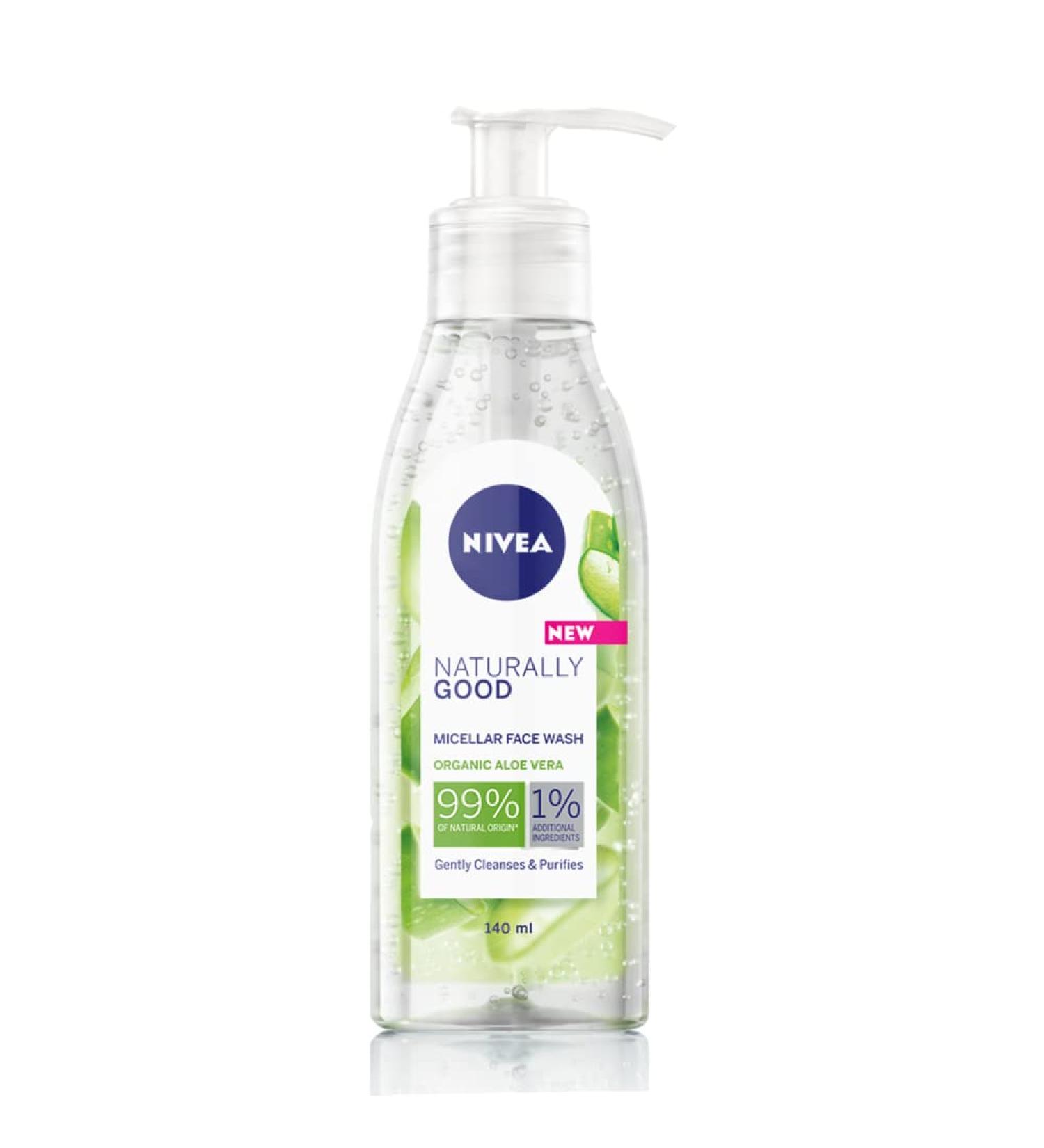 NIVEA Naturally Good Micellar Face Wash Gel (140ml) Natural Micellar Cleansing Water with Aloe Vera Fragrance Purifying Makeup Remover Soothing Face Wash 99% Natural Aloe Vera 140 ml (Pack of 1) - Buy Online on GoSupps.com