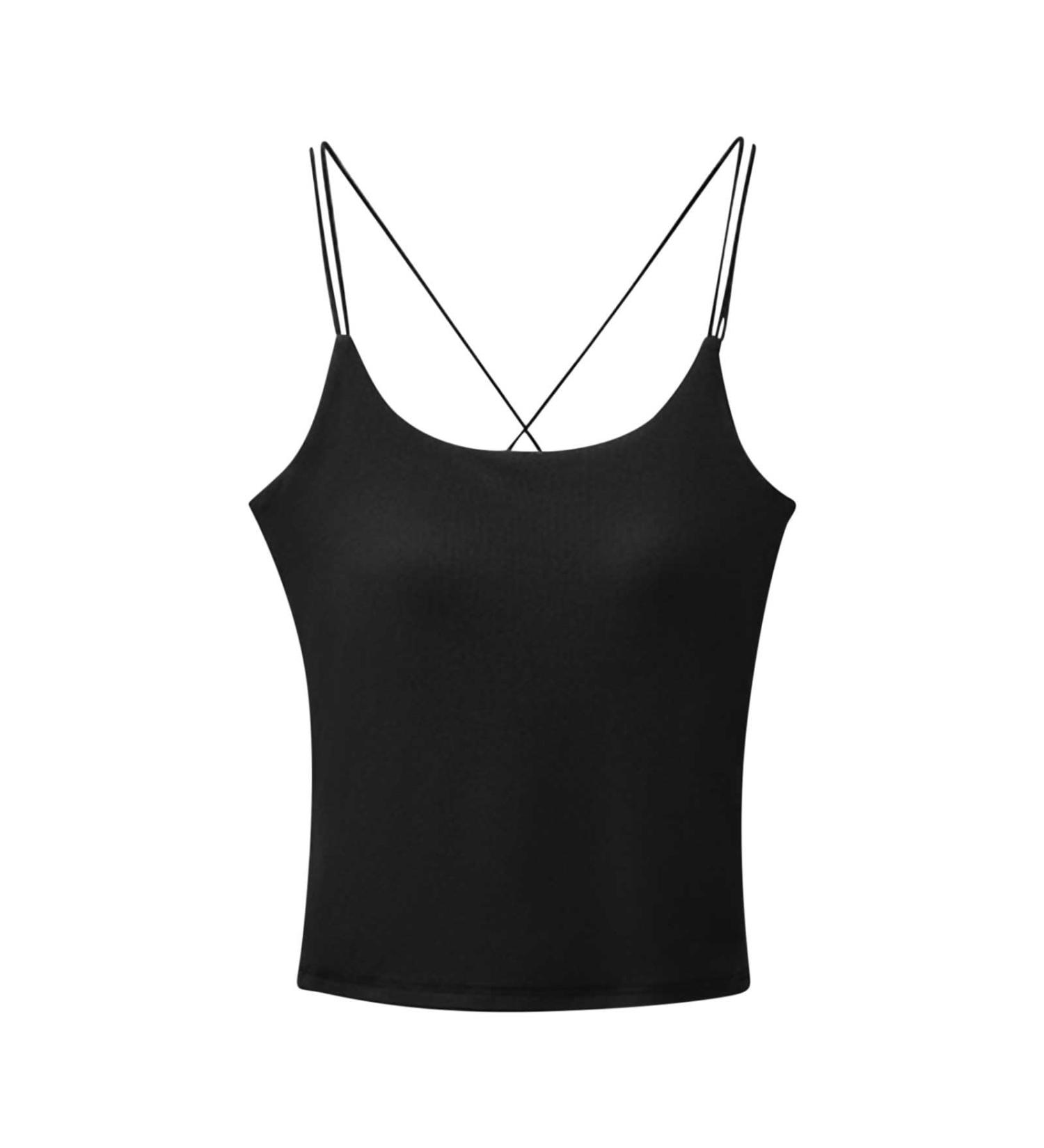 Susenstone Women's Black U-Cut Crossed Spaghetti Tank Top - Stylish Summer Sleeveless Cami Crop Top with Integrated Bra - Size XL - Buy Online on GoSupps.com