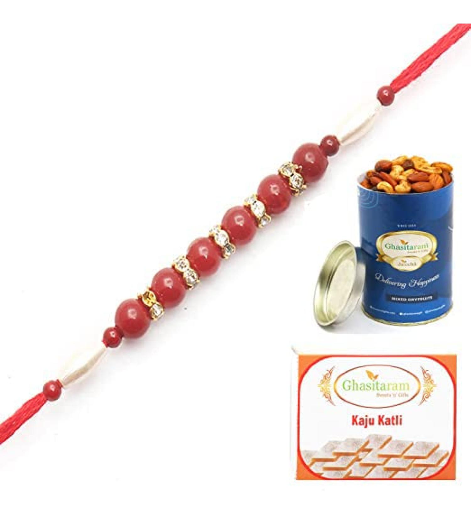 Ghasitaram Gifts Rakhi for Brother Rakhis Online- 666 Fancy Thread Rakhi with 100 GMS of Dryfruits Mix Can 200 GMS of Kaju katli Rakhi & 100g Dryfruits Mix Can 200g Kaju katli - Buy Online on GoSupps.com