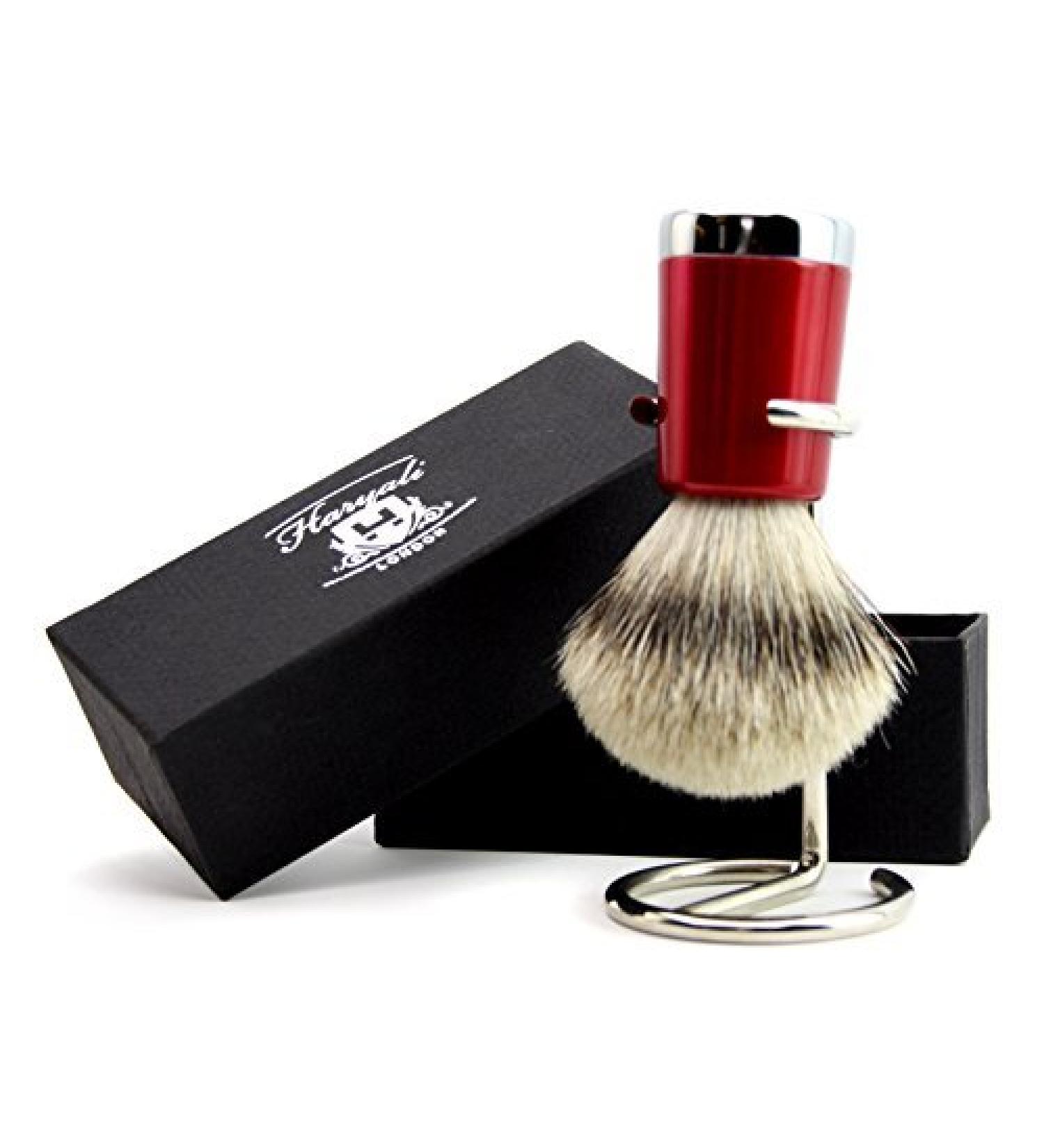 Premium Men's Badger Hair Shaving Brush with Silver Tip & Shiny Red Base | Stainless Steel Brush Stand | International Shipping Available - Buy Online on GoSupps.com