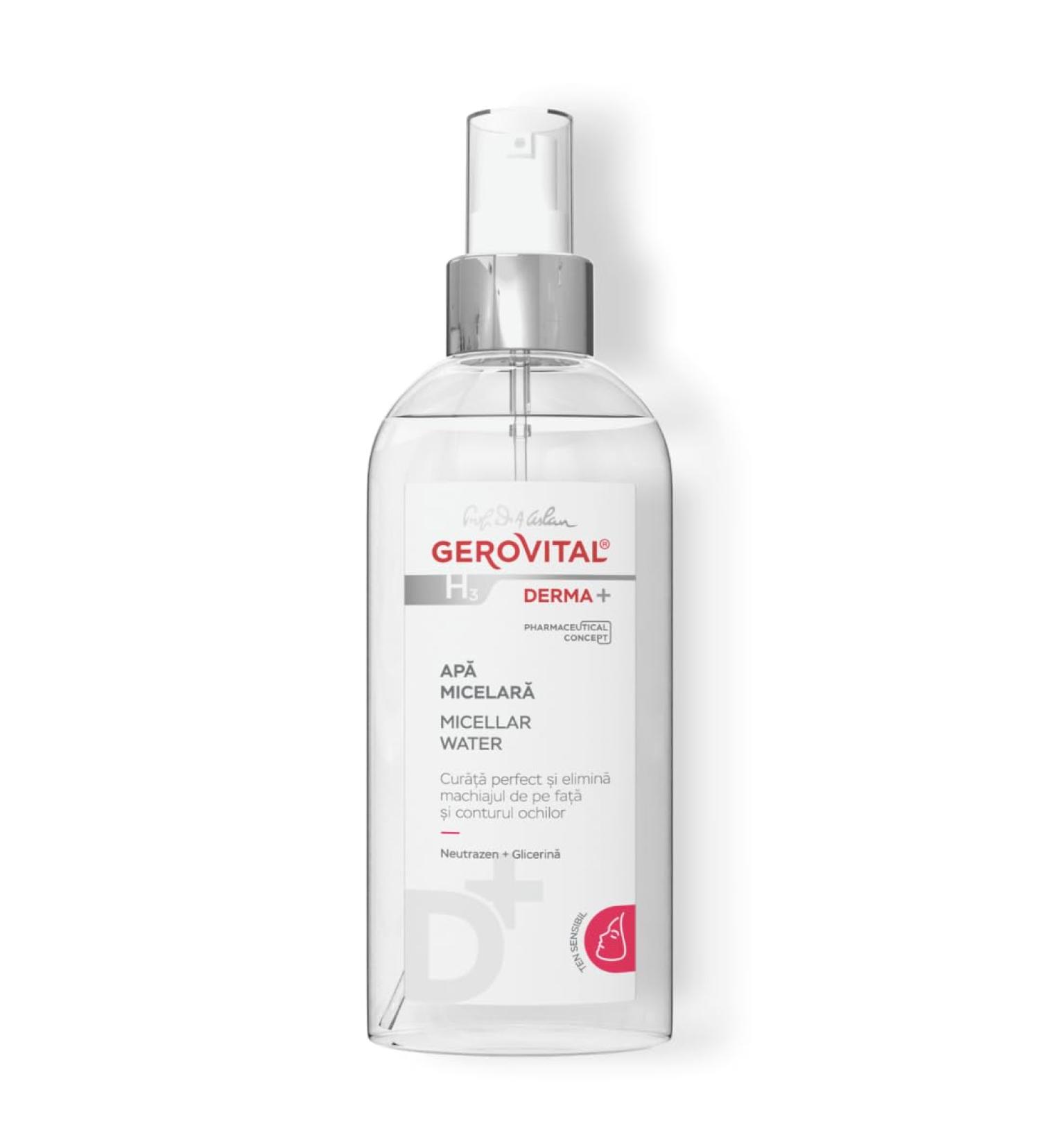 Gerovital H3 Eau micellaire Derma+ Derma+ Dermato-Cosm tique pour le visage et les yeux | Pour peaux sensibles | Lubrification douce r duit les rougeurs test e dermatologiquement 150 ml - Buy Online on GoSupps.com
