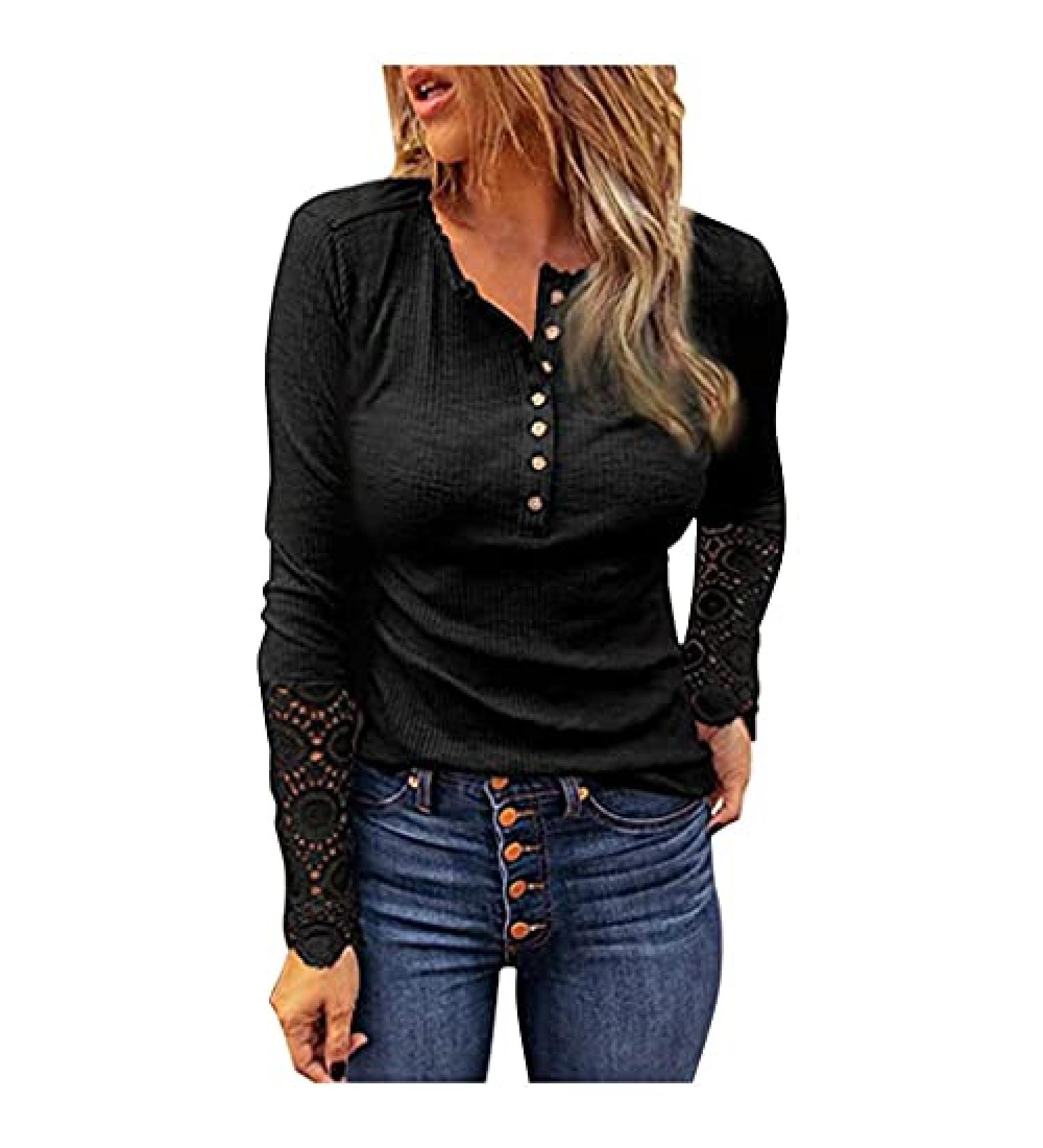 Trendy Ribbed Knit Long Sleeve Henley Tunic Top for Women - V-Neck Button Blouse Tee in Medium Black - Buy Online on GoSupps.com