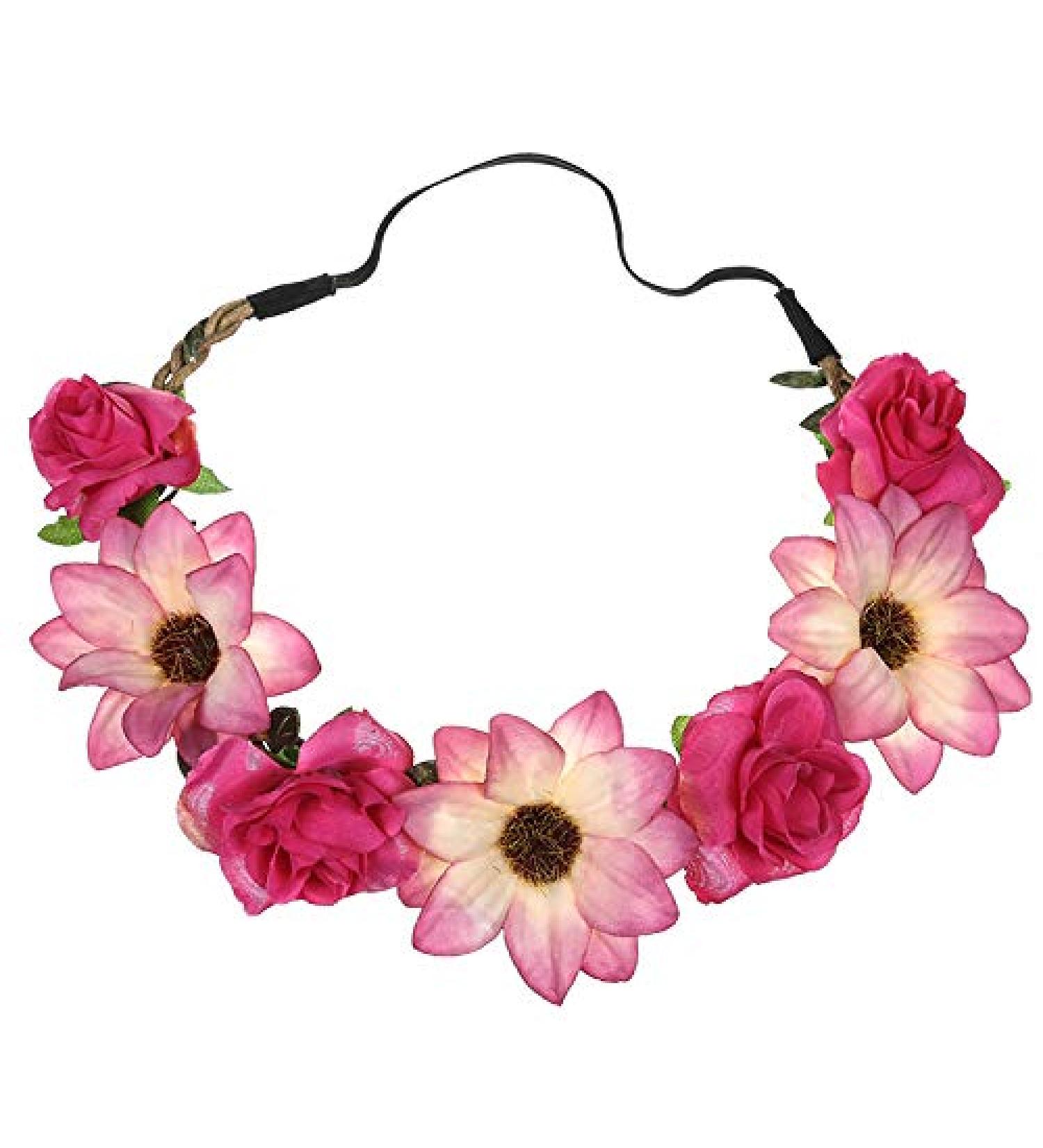 Women Girl Sunflower Rose Flower Crown Wedding Festival Headband Hairband Hair Garland(Rose red)
