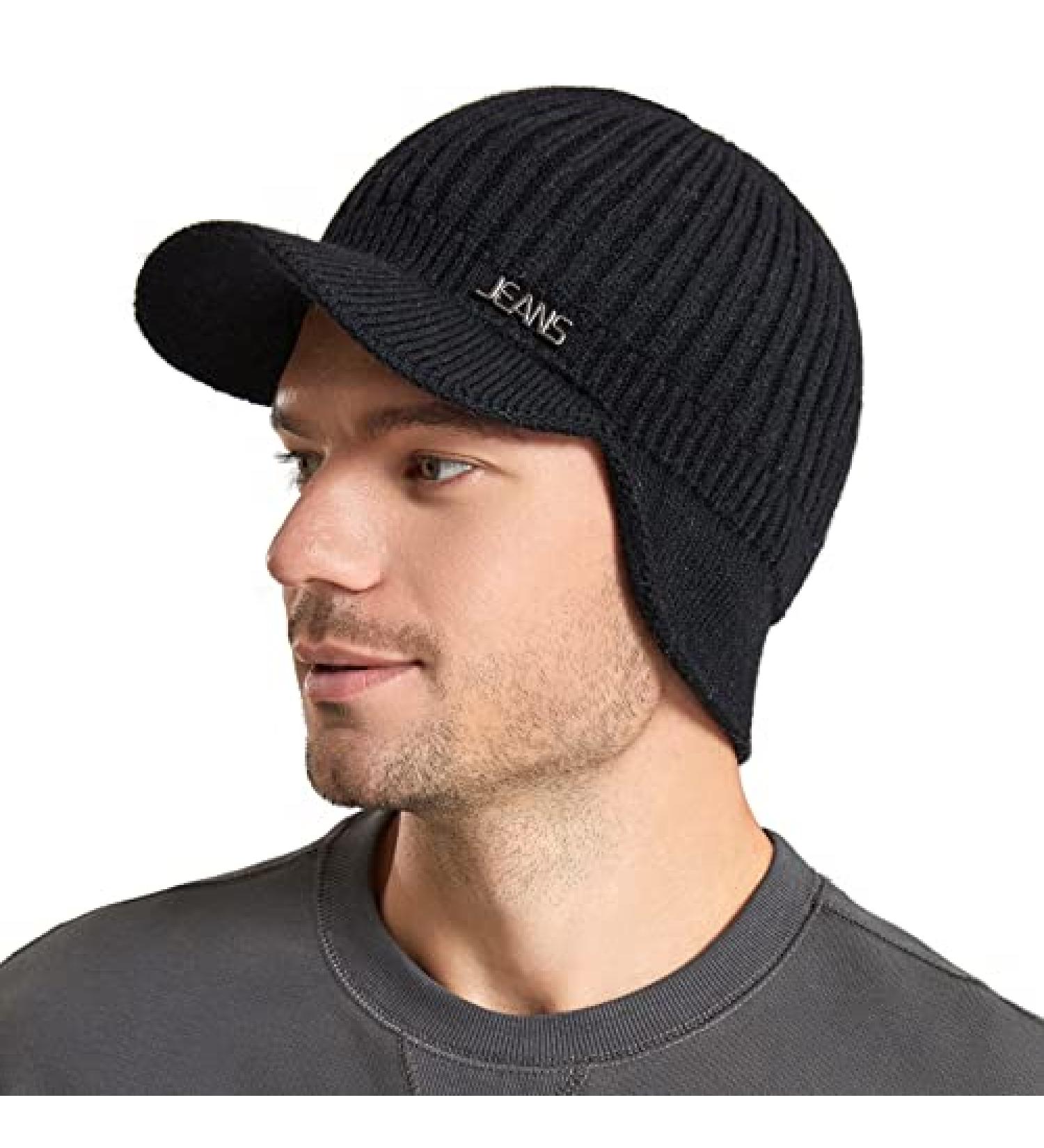 Muryobao Men's Winter Beanie Visor Hat | Warm Knitted Brim Cap for Outdoor Sports in Black - Buy Online on GoSupps.com