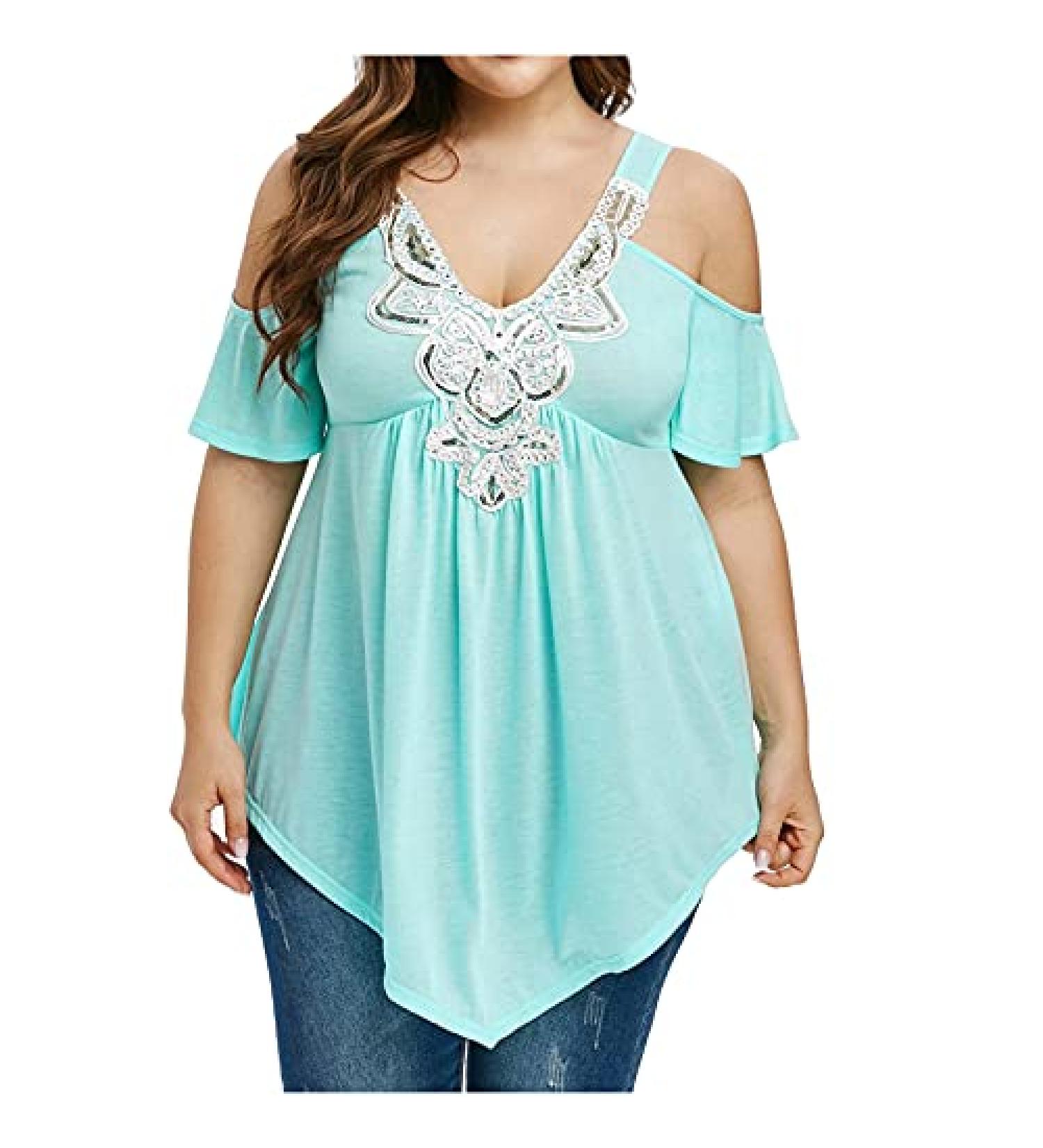 Blue XX-Large Women's Plus Size Lace V-Neck Tunic Blouse | Cold Shoulder Summer Top - Buy Online on GoSupps.com