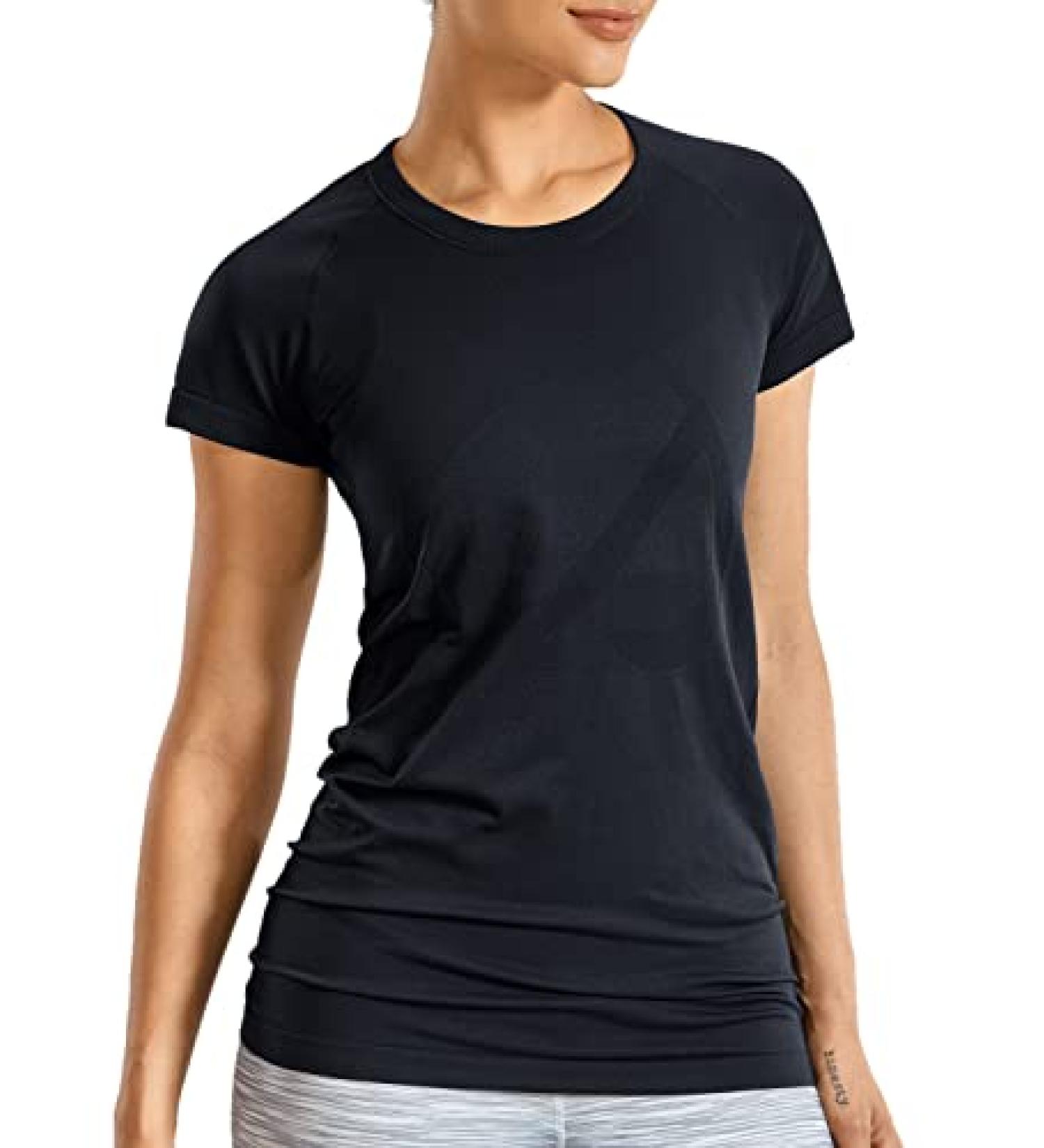 CRZ YOGA Seamless Women's Workout Shirt - Short Sleeve Athletic Tee, Quick Dry & Breathable - Black, Medium - Buy Online on GoSupps.com