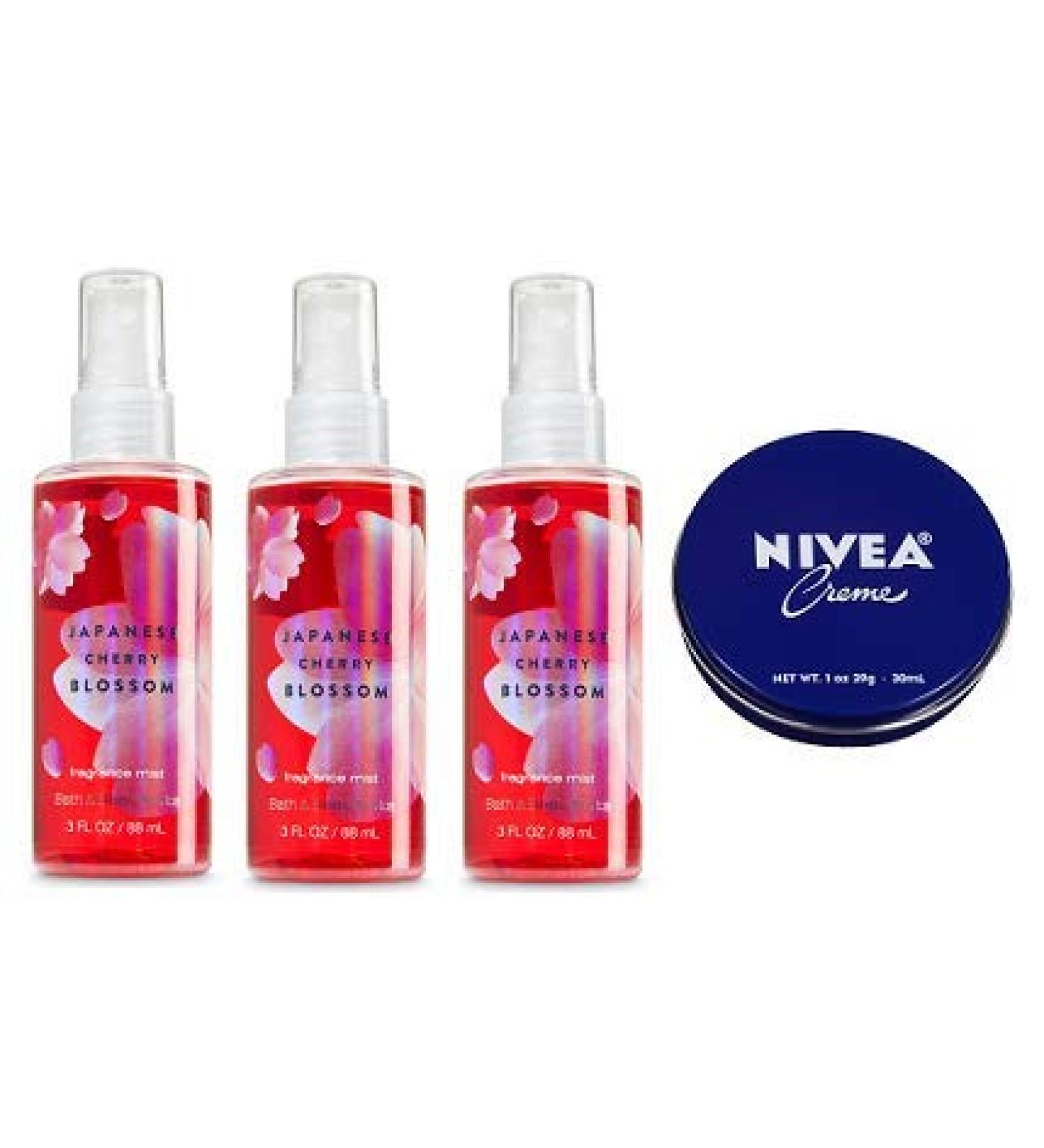 Bath and Body Works 3 Pack Japanese Cherry Blossom Travel Size Fine Fragrance Mist 3 Oz. Travel Size Cream 1 Oz.
