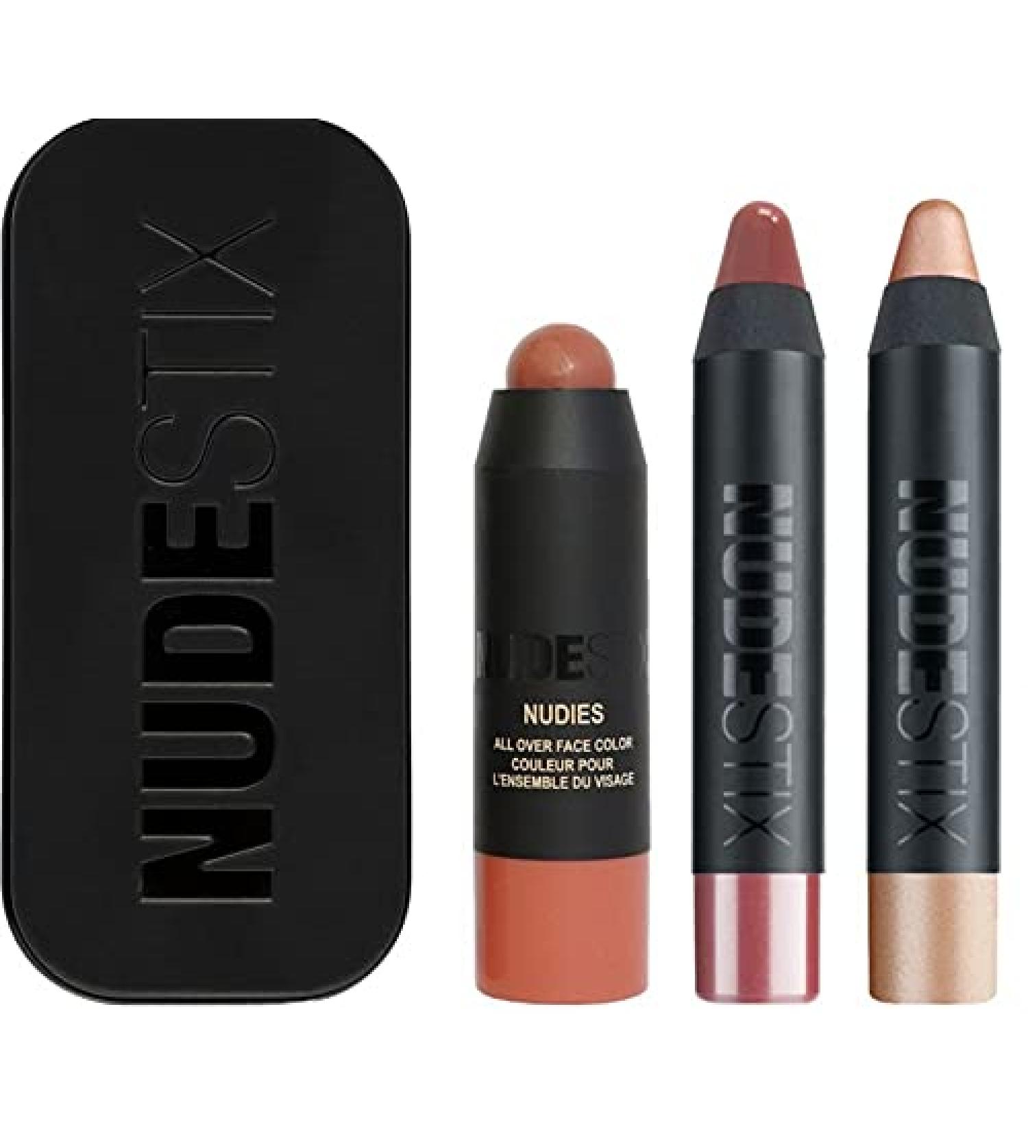 Nudestix Sunkissed Nudes Mini Kit Set with All Over Face Bronze Color in Sunkissed  Magnetic Luminous Eye Color in Nudity  and Gel Color Lip + Cheek Balm in Posh with Tin