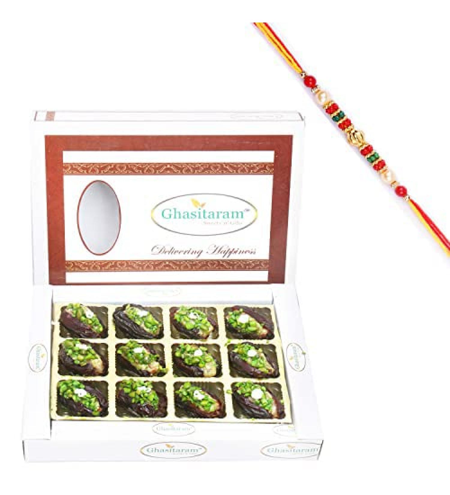 Ghasitaram Gifts Rakhi Gifts for Brothers Rakhi Sweets - Dryfruit Filled Dates in White Box with Beads Rakhi - Buy Online on GoSupps.com