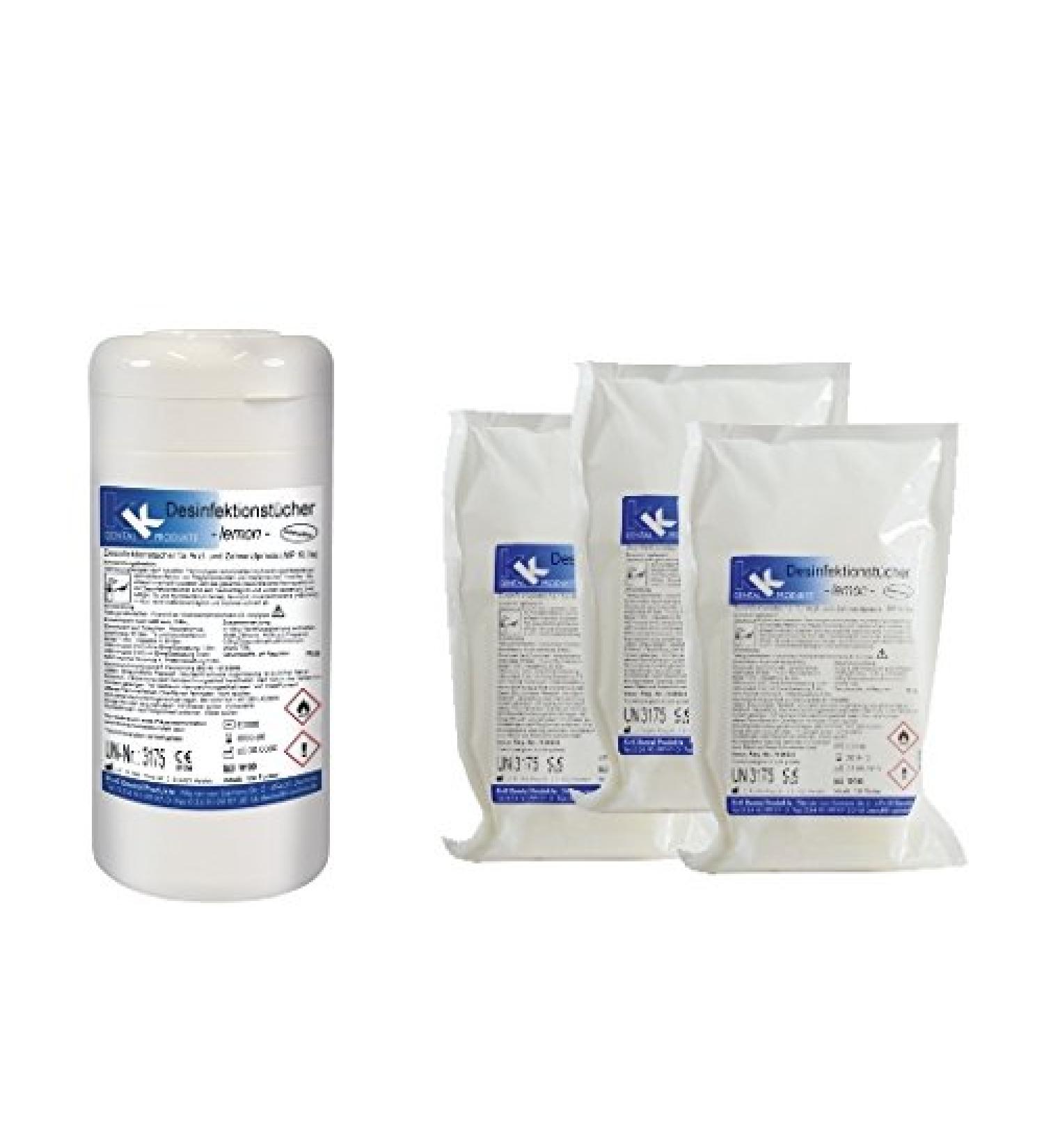 KK disinfection towels set |Contents: 1 x 120 disinfection wipes in a practical donor box + 3 refill bags with a 120 ready -to -use towels |Fragrance: Lemon Lemon 4-part set