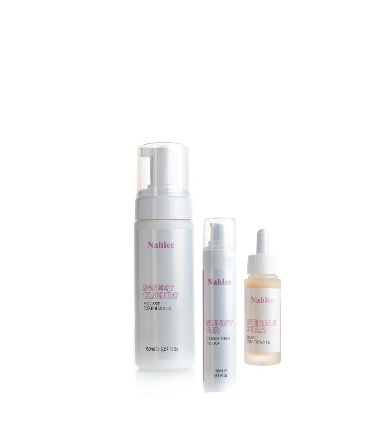 Nahlee Shining Kit includes Cleansing Foam Illuminating Serum and Sun Cream for skin protection.