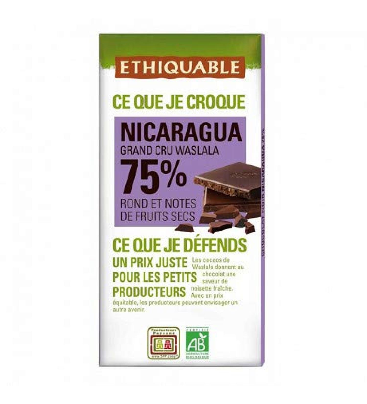 ETHIQUABLE - Organic Nicaraguan 75% Cocoa Dark Chocolate 100G - Pack of 4 - free delivery