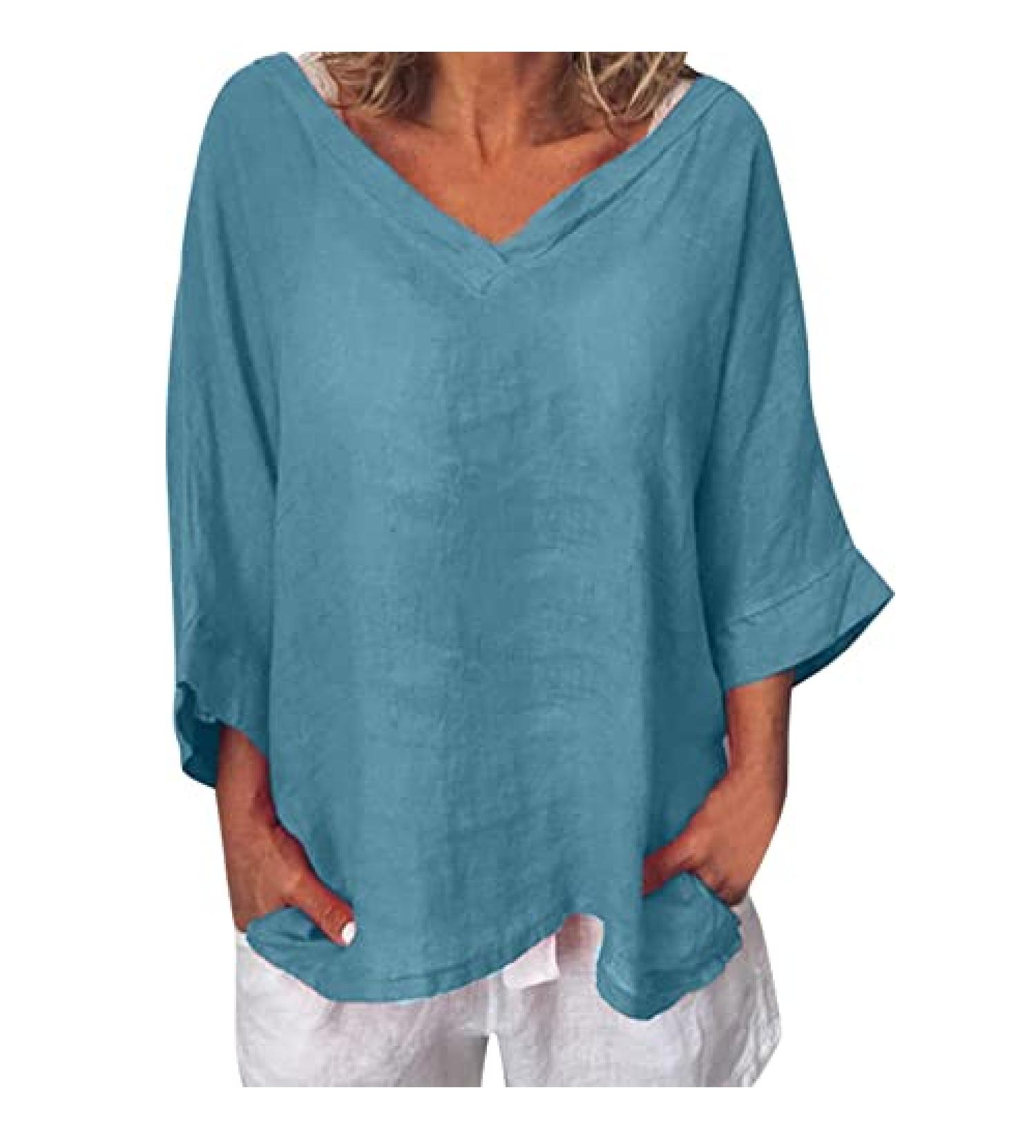 FAVIPT Women's V-Neck Linen Top - Boho 3/4 Sleeve Blouse for Leggings - Large Blue - Buy Online on GoSupps.com
