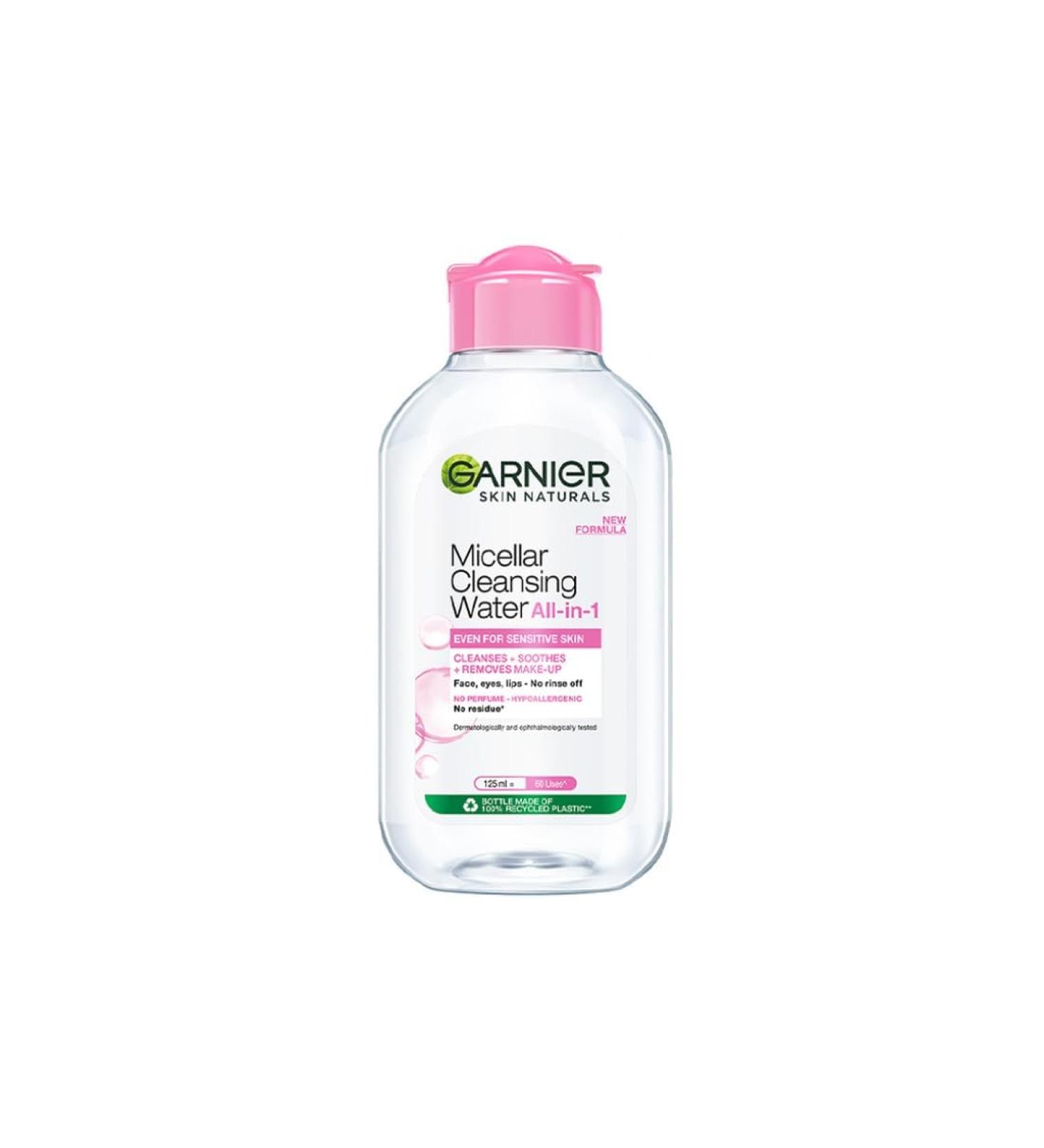 Garnier Micellar Cleansing Water - Gentle Makeup Remover & Face Cleanser for Sensitive Skin Vegan & Dermatologically Tested 125ml - 100% Dirt & Pollution Removal - Buy Online on GoSupps.com