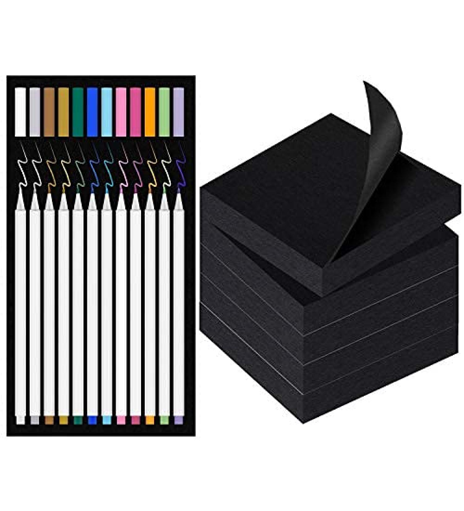 Black Sticky Notes & Gel Pens Set for Black Paper | 12 Metallic Pens + White, Gold, Silver | 3x3 Sticky Notes 500ct | Unique Stationery Combo - Buy Online on GoSupps.com