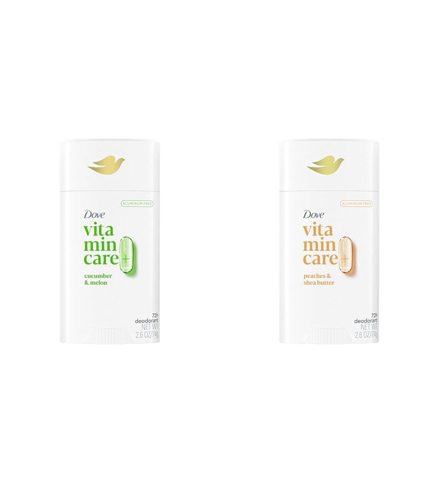 Dove VitaminCare+ Aluminum Free Deodorant Stick Cucumber & Melon 2.6 oz and Peaches & Shea Butter 2.6 oz Bundle