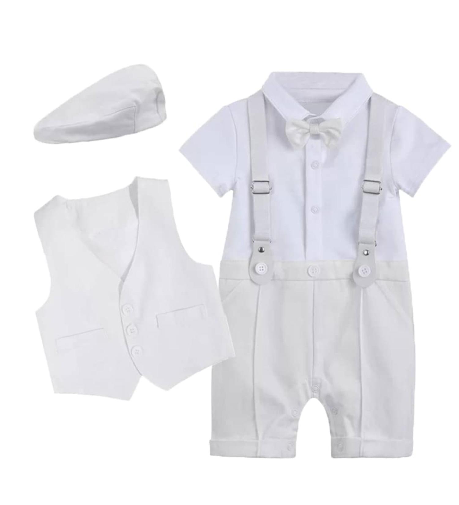 Baby Boy Gentleman Romper Suit | Christening Baptism Outfit with Hat | White 0-3 Months - Buy Online on GoSupps.com