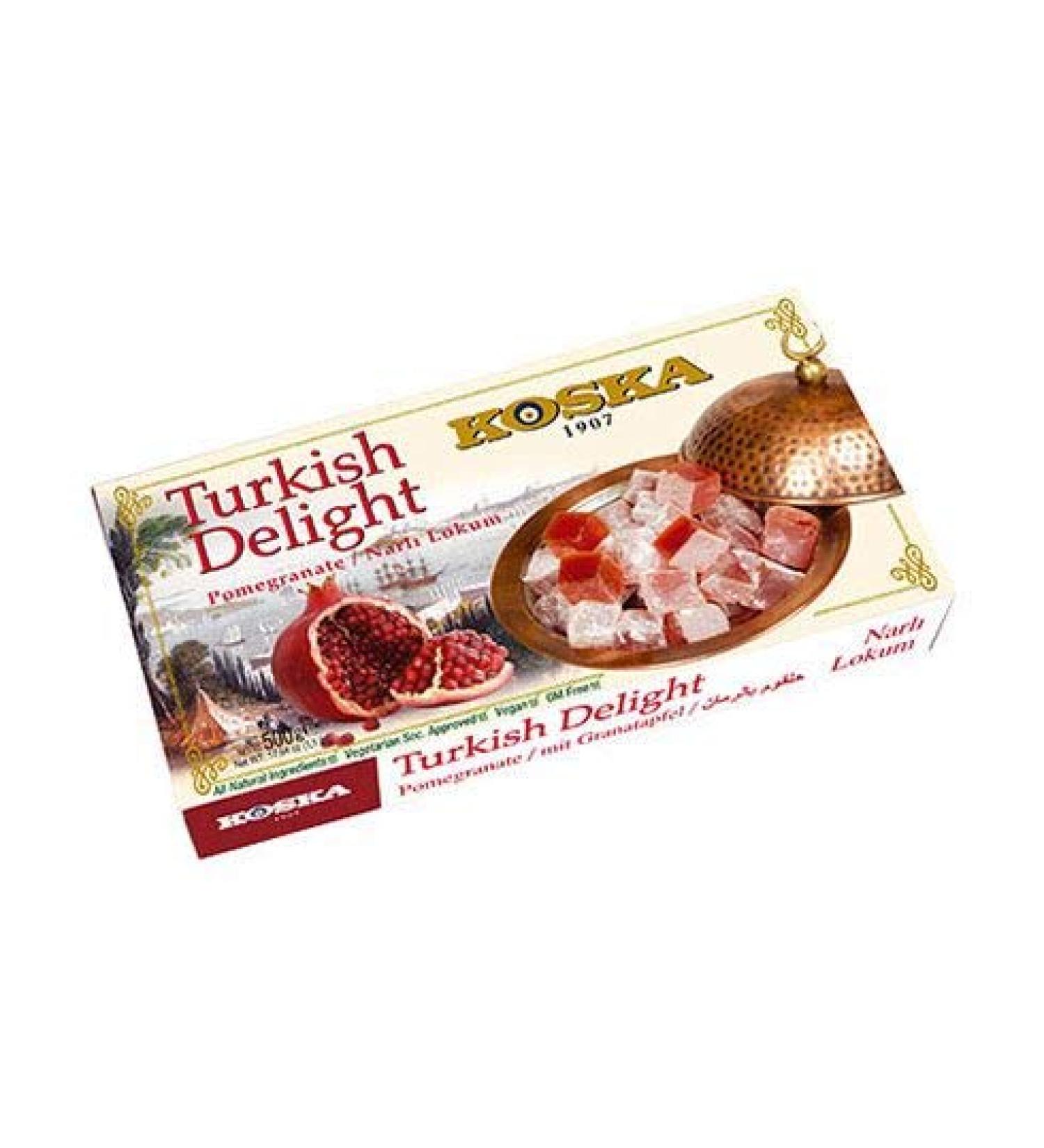 Pomegranate Loukum 500g I Turkish Delight with Koska Pomegranate Flavor | Gift Size 500g | Traditional Confectionery | Vegan | Halal | Kosher | Lokum Soft Candy | Gluten Free - Buy Online on GoSupps.com