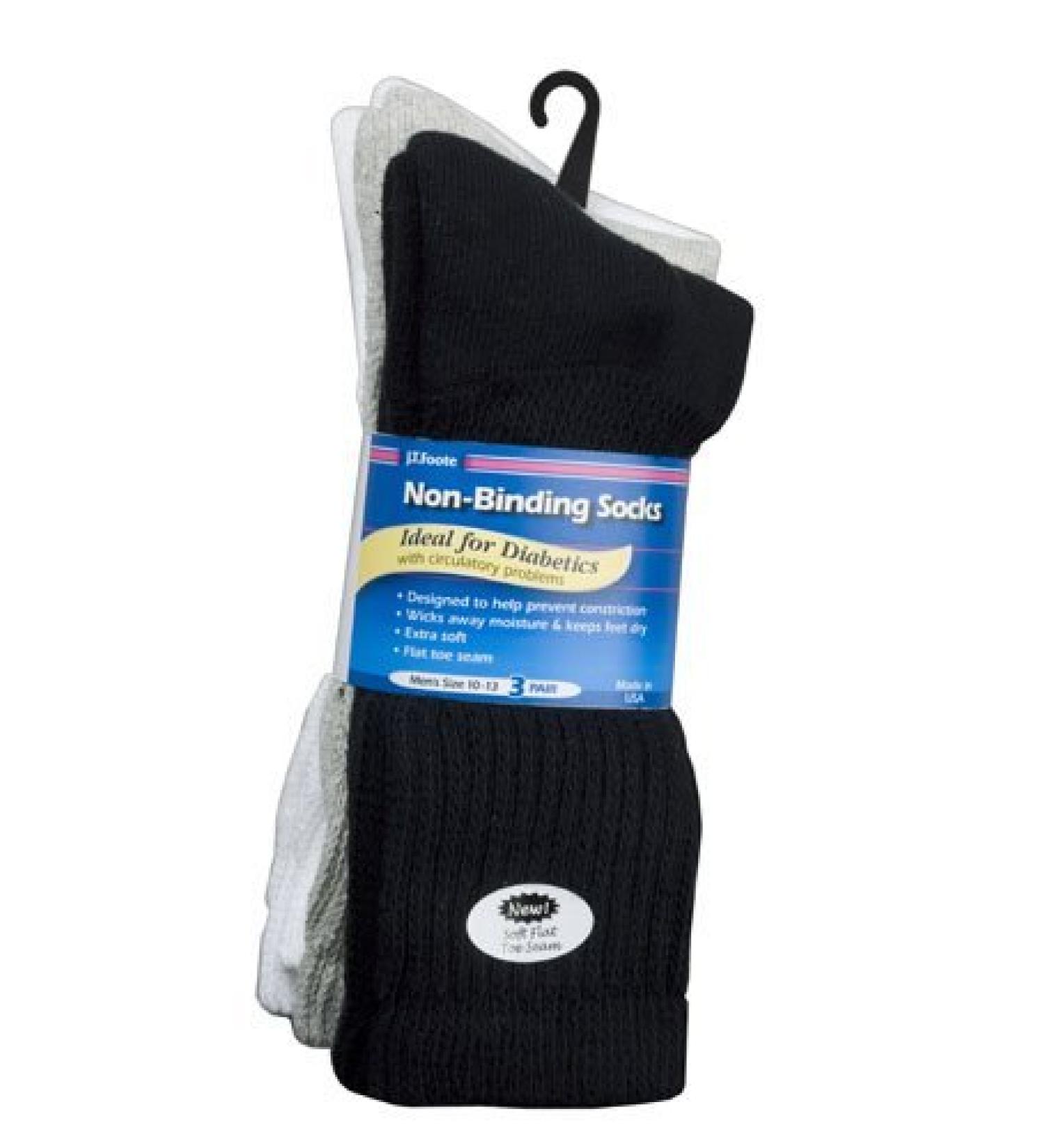 J.T. Foote - Non Binding Diabetic Socks Crew Mens 3pk - Combo (1 pr ea: Black White Heather) Size 10-13